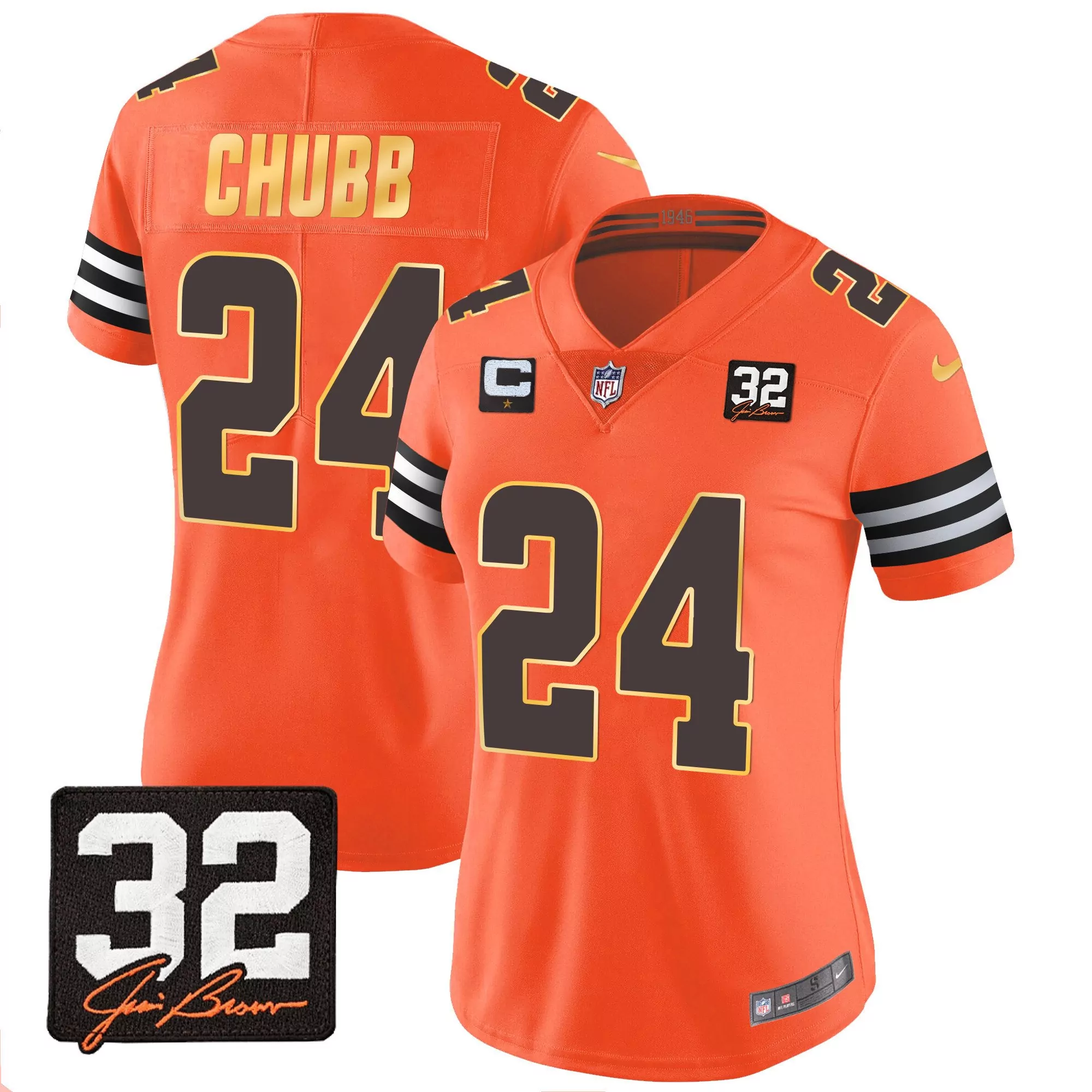 nick chubb orange womens cleveland browns 32 jim brown memorial patch gold trim jersey all stitched