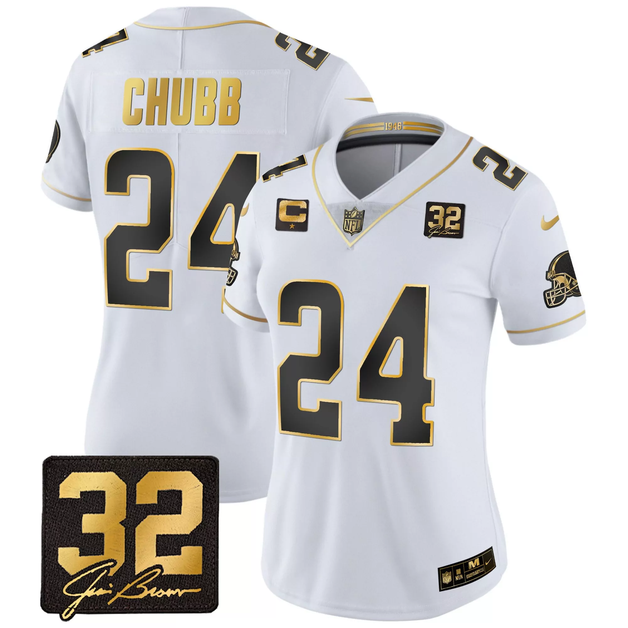 nick chubb white gold womens cleveland browns 32 jim brown memorial patch gold jersey all stitched