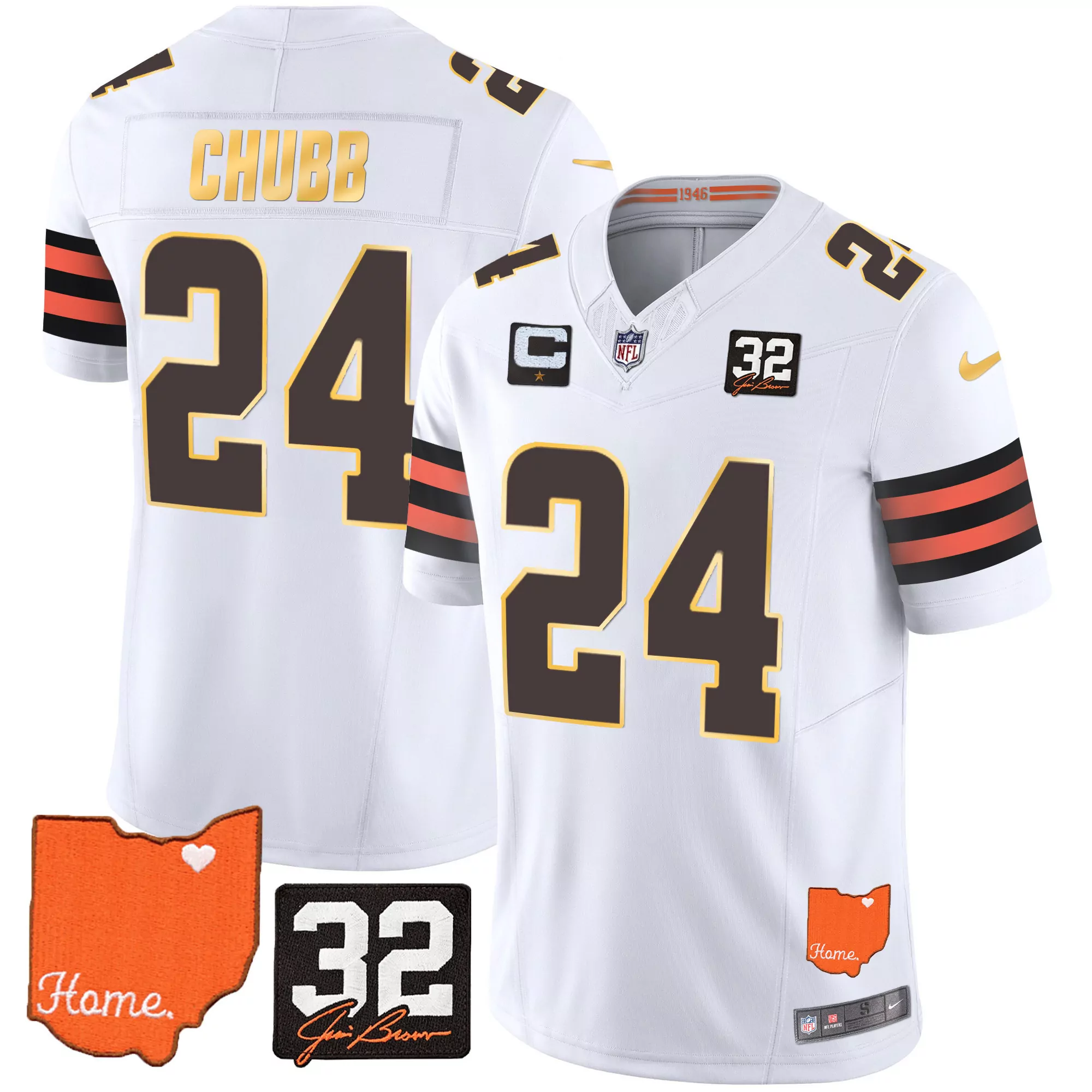 nick chubb white gold womens cleveland browns 32 jim brown memorial patch gold jersey all stitched
