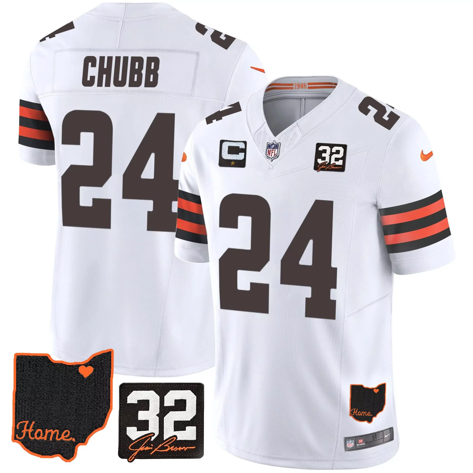 nick chubb white mens cleveland browns 32 jim brown memorial home patch jersey v3 all stitched
