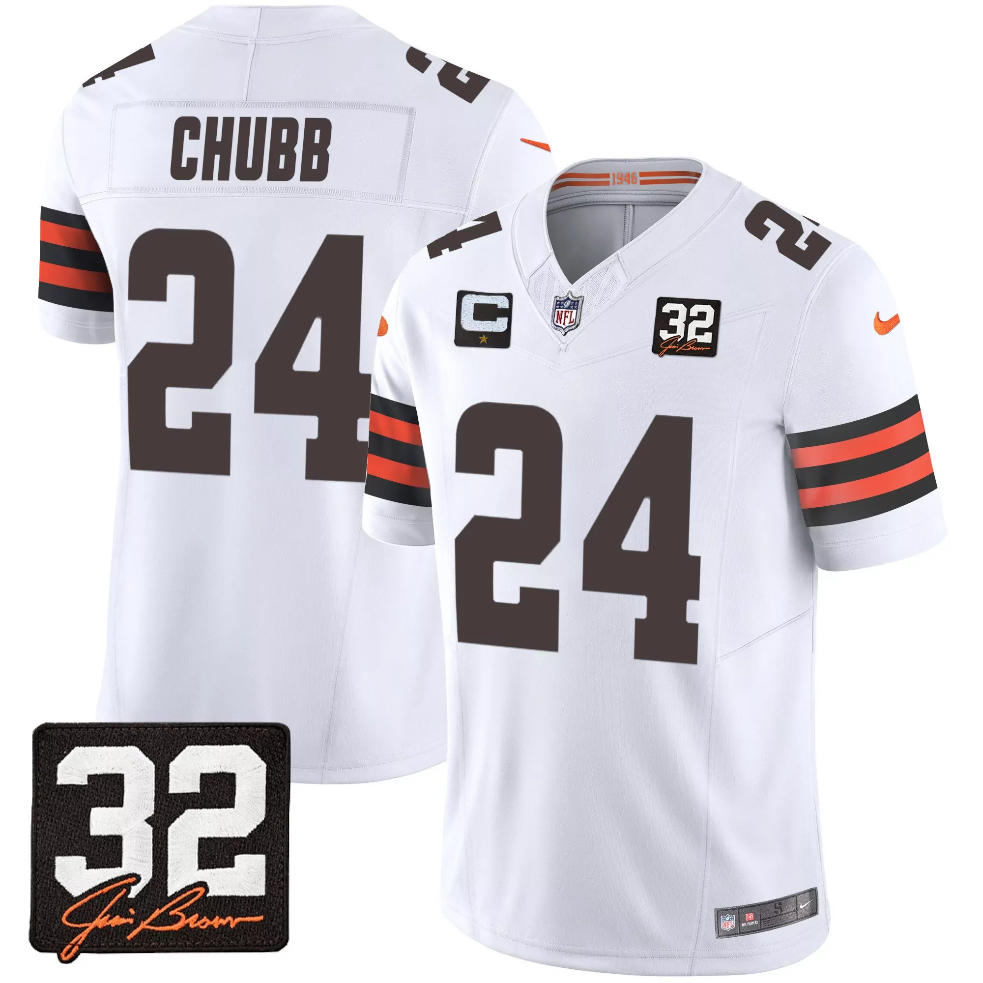 nick chubb white mens cleveland browns 32 jim brown memorial home patch jersey v3 all stitched