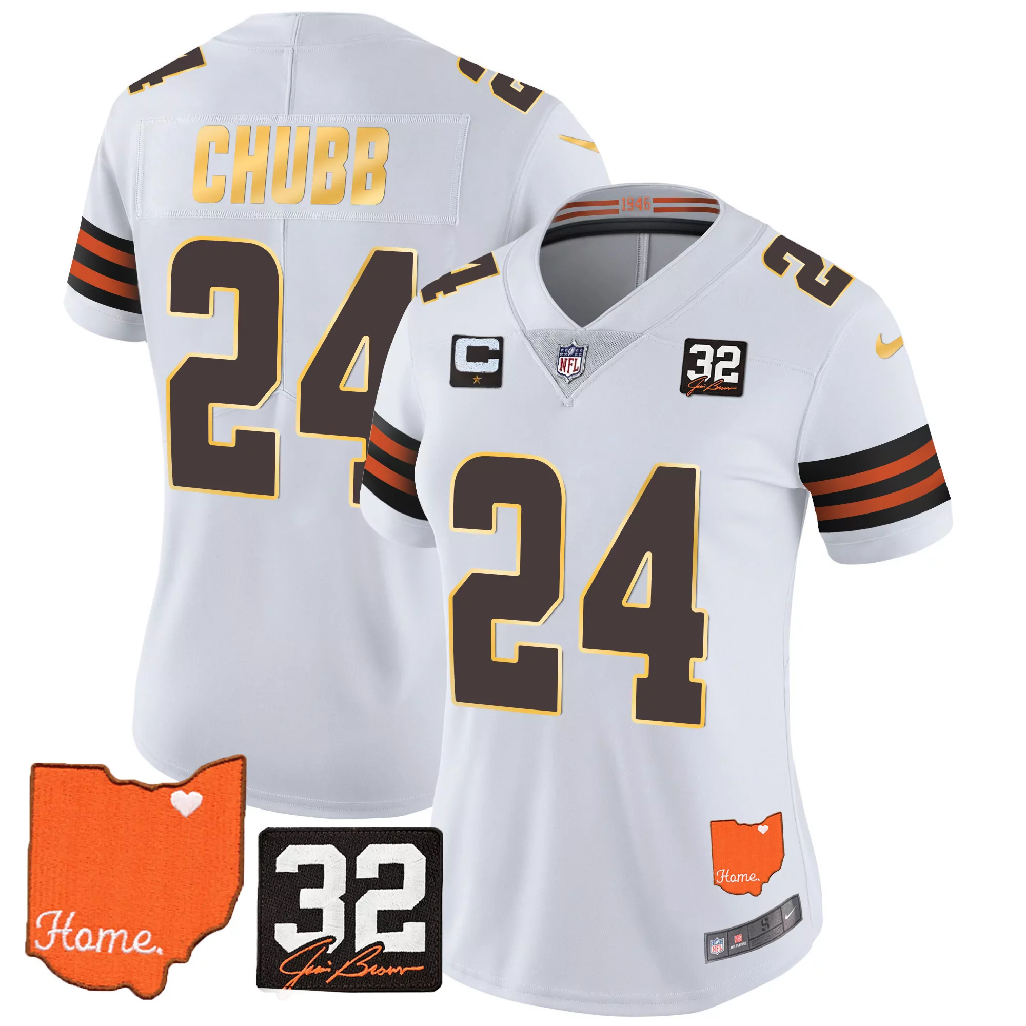 nick chubb white womens cleveland browns 32 jim brown memorial home patch gold trim jersey all stitched