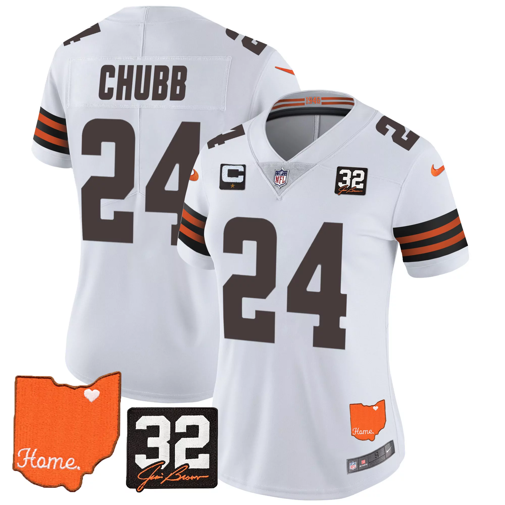 nick chubb white womens cleveland browns 32 jim brown memorial home patch gold trim jersey all stitched