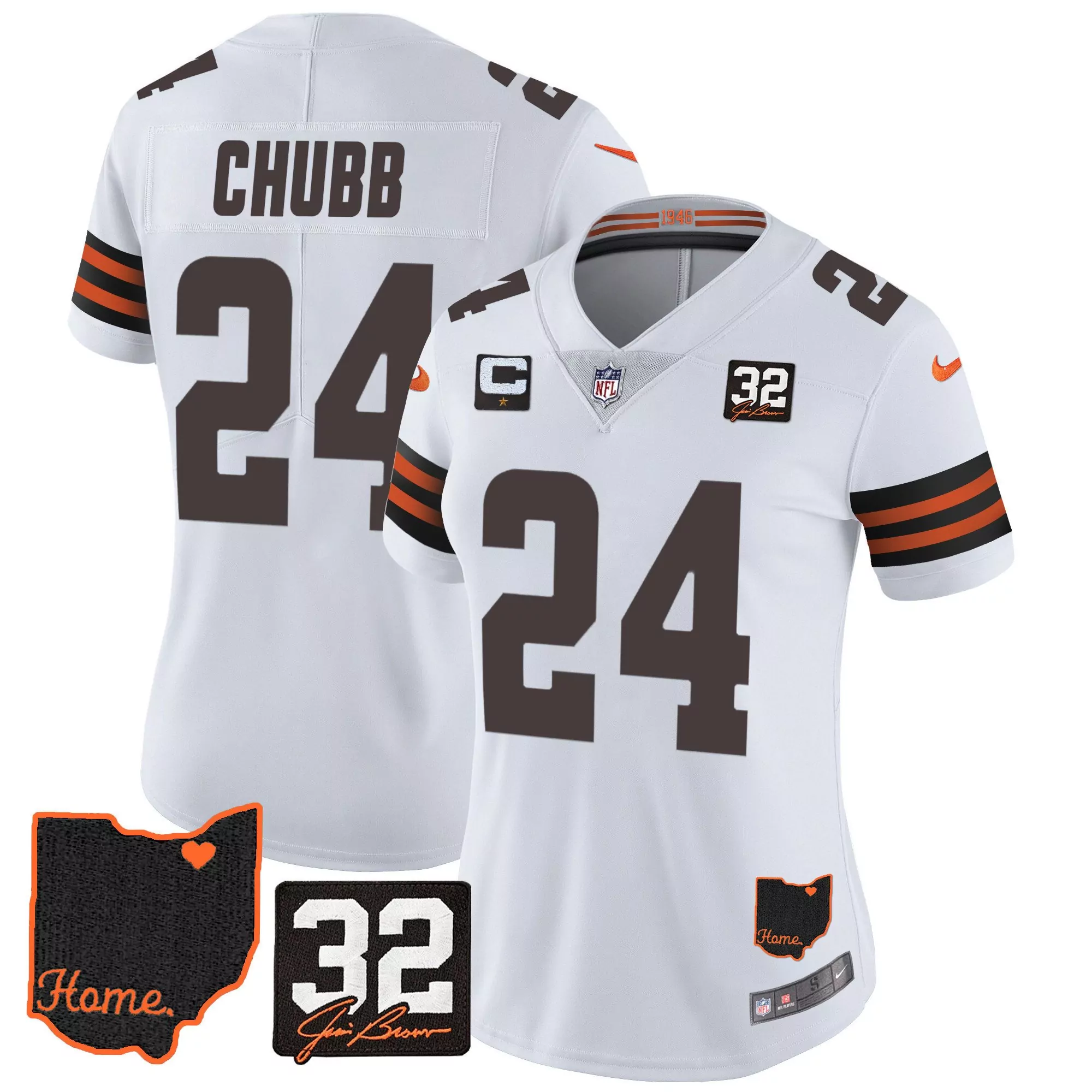 nick chubb white womens cleveland browns 32 jim brown memorial home patch gold trim jersey all stitched