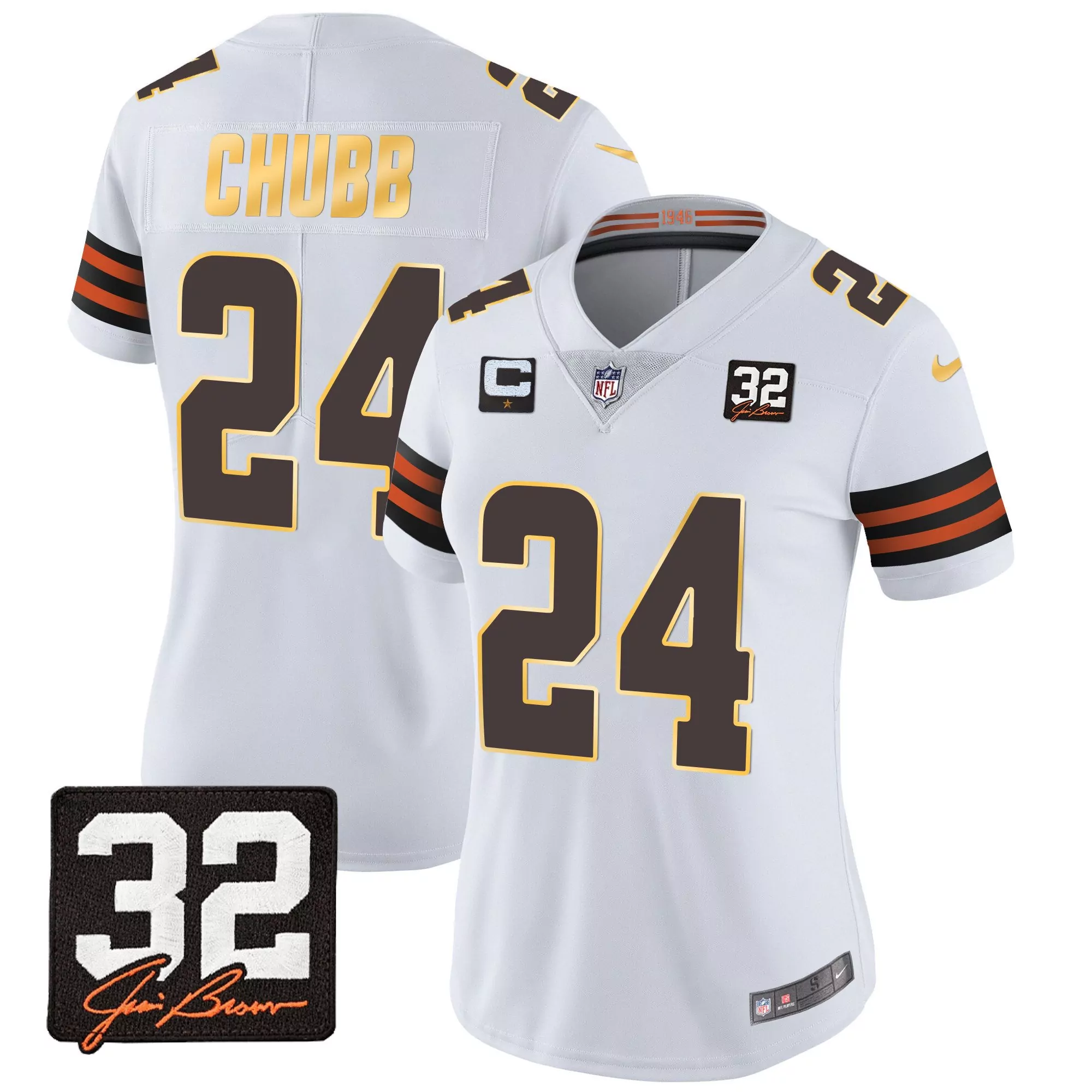nick chubb white womens cleveland browns 32 jim brown memorial home patch gold trim jersey all stitched