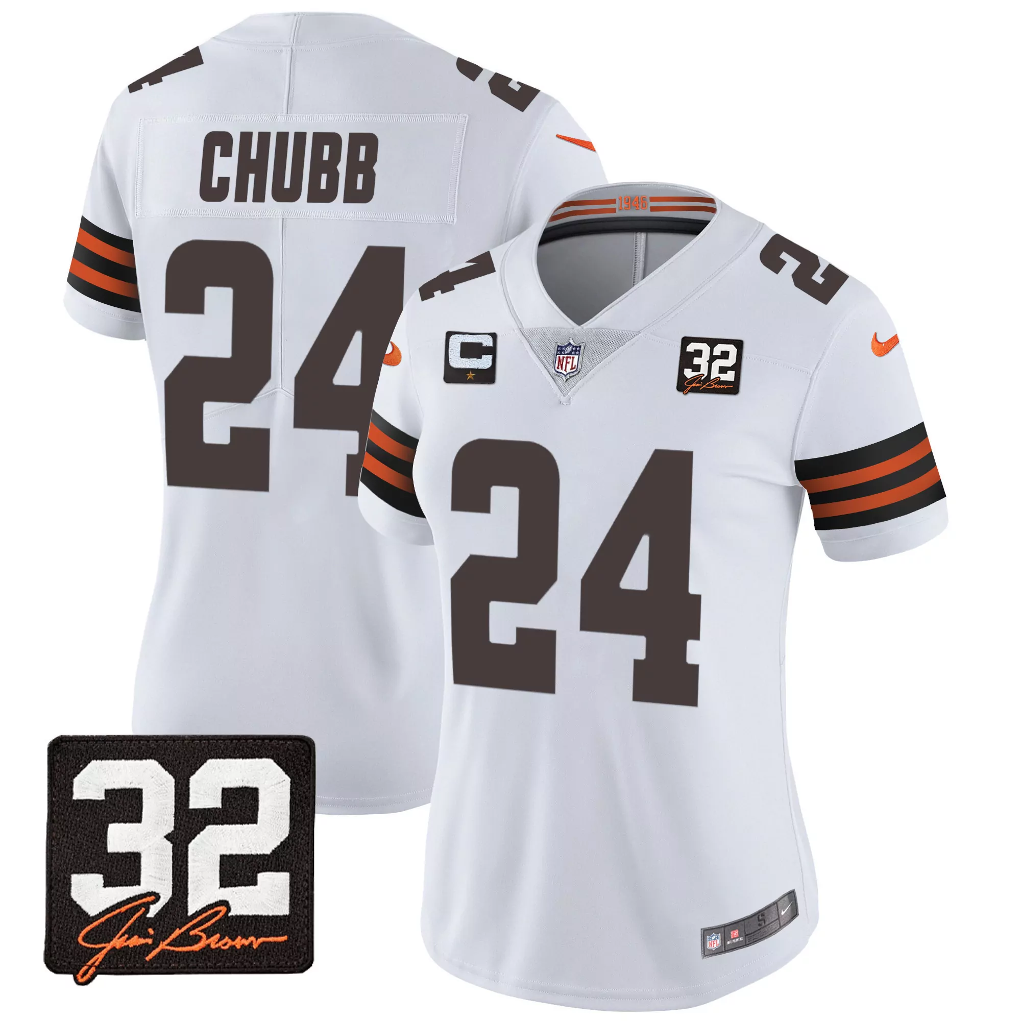nick chubb white womens cleveland browns 32 jim brown memorial home patch gold trim jersey all stitched