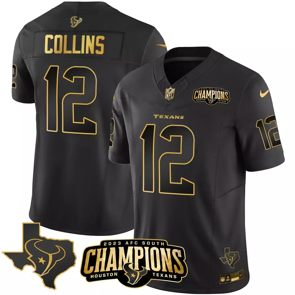 nico collins black gold mens houston texans 2023 afc south champions patch gold vapor jersey all stitched
