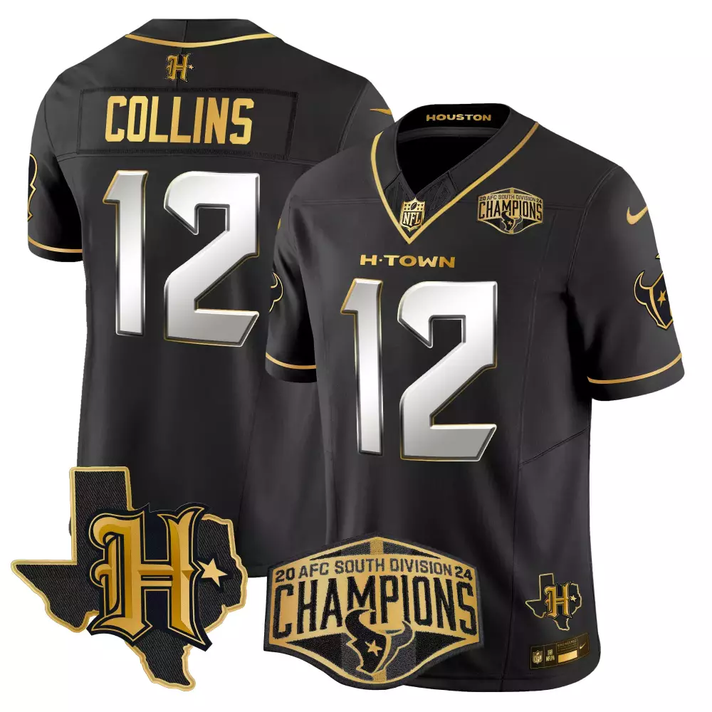 nico collins black limited mens houston texans 2024 afc south division champions patch gold vapor limited jersey all sti