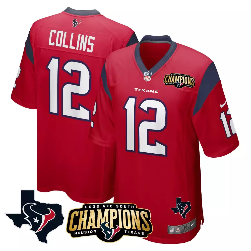 nico collins red mens houston texans 2023 afc south champions patch game jersey all stitched