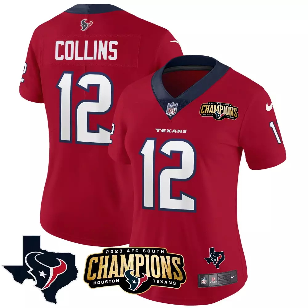 nico collins red womens houston texans 2023 afc south champions patch vapor jersey all stitched