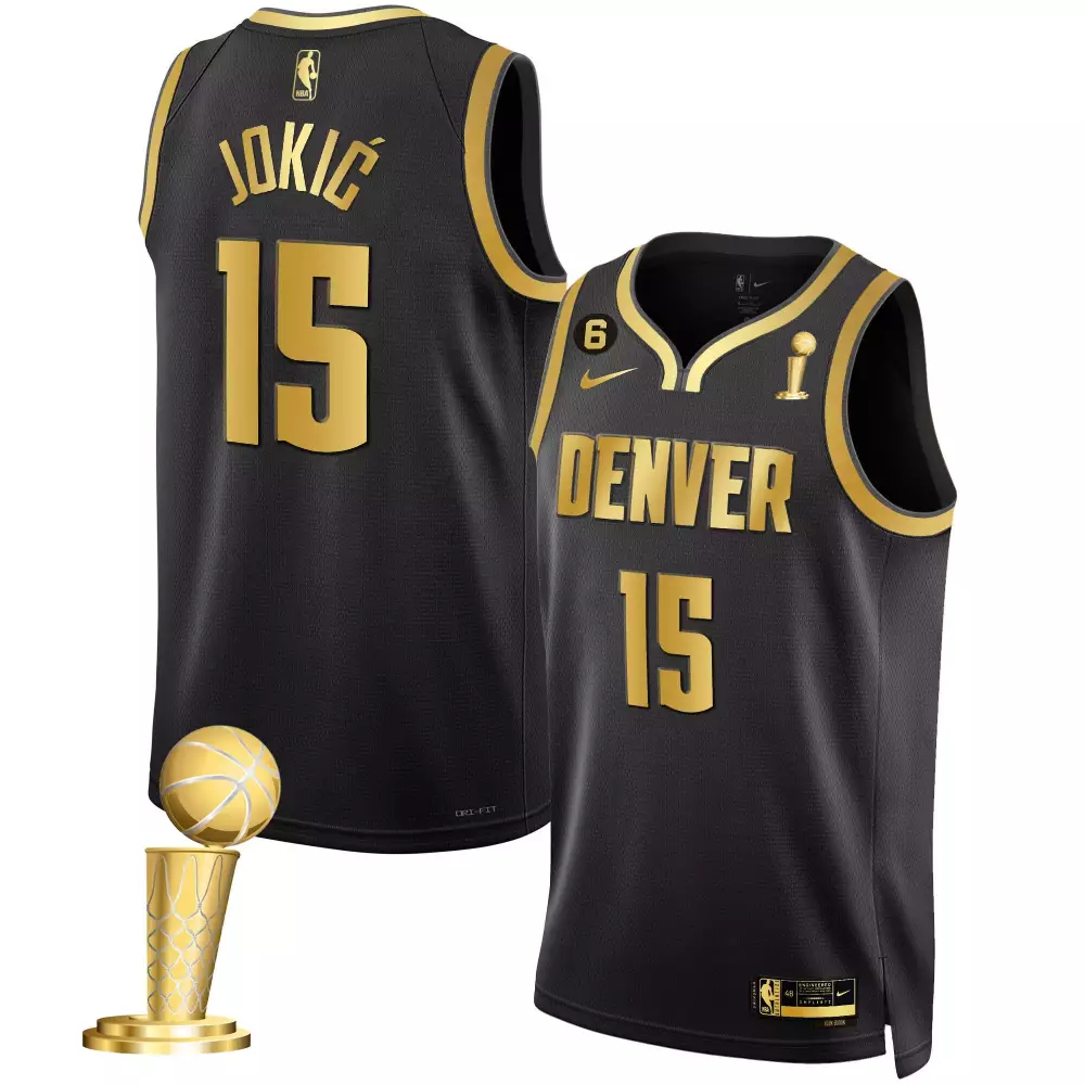 nikola jokic black gold mens denver nuggets 2023 champions black white gold jersey all stitched