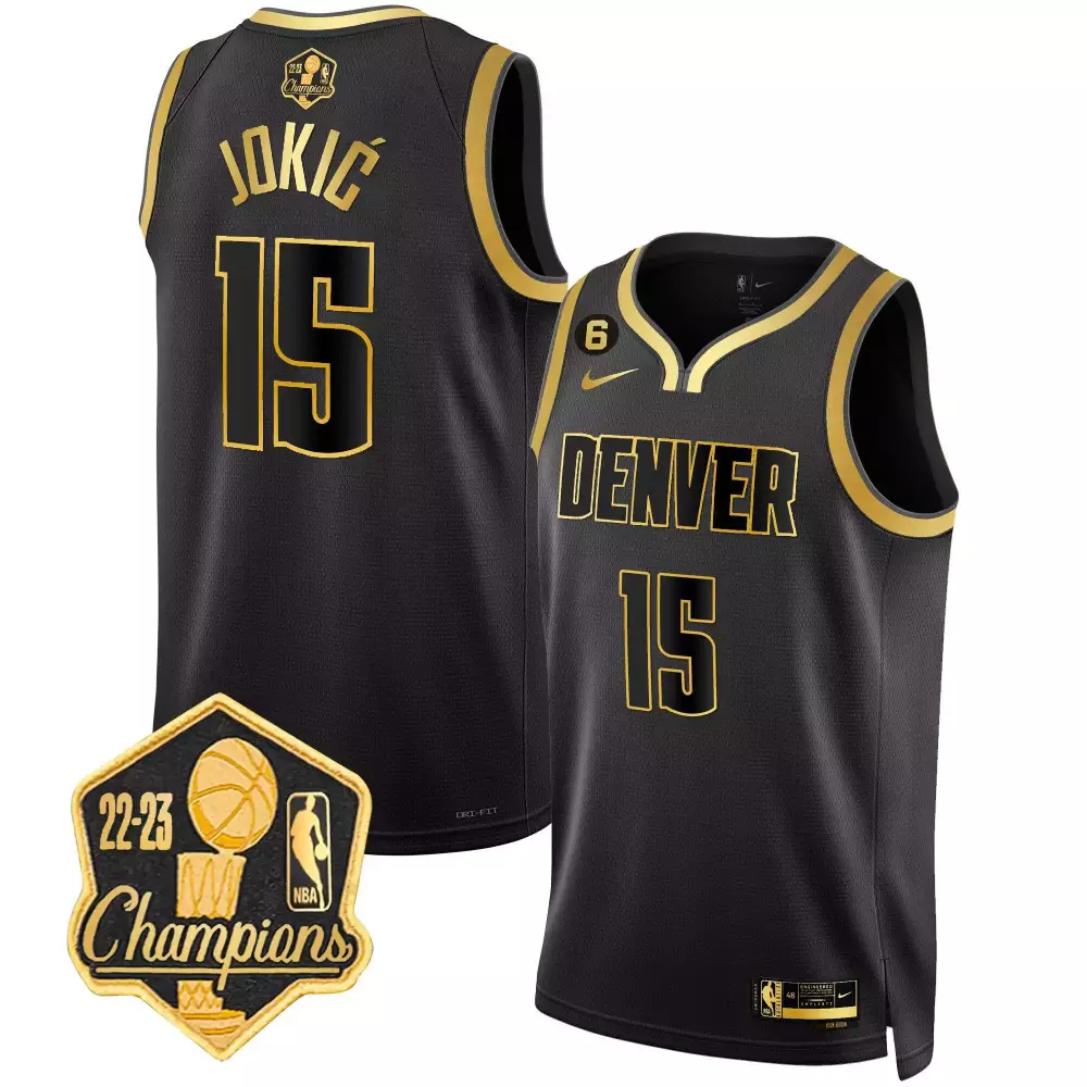 nikola jokic black gold mens denver nuggets 2023 champions limited patch jersey all stitched