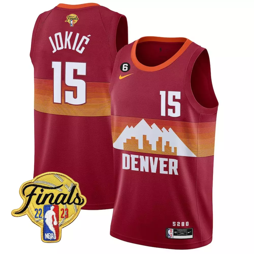 nikola jokic city red mens denver nuggets 2023 finals patch collection jersey v2 all stitched