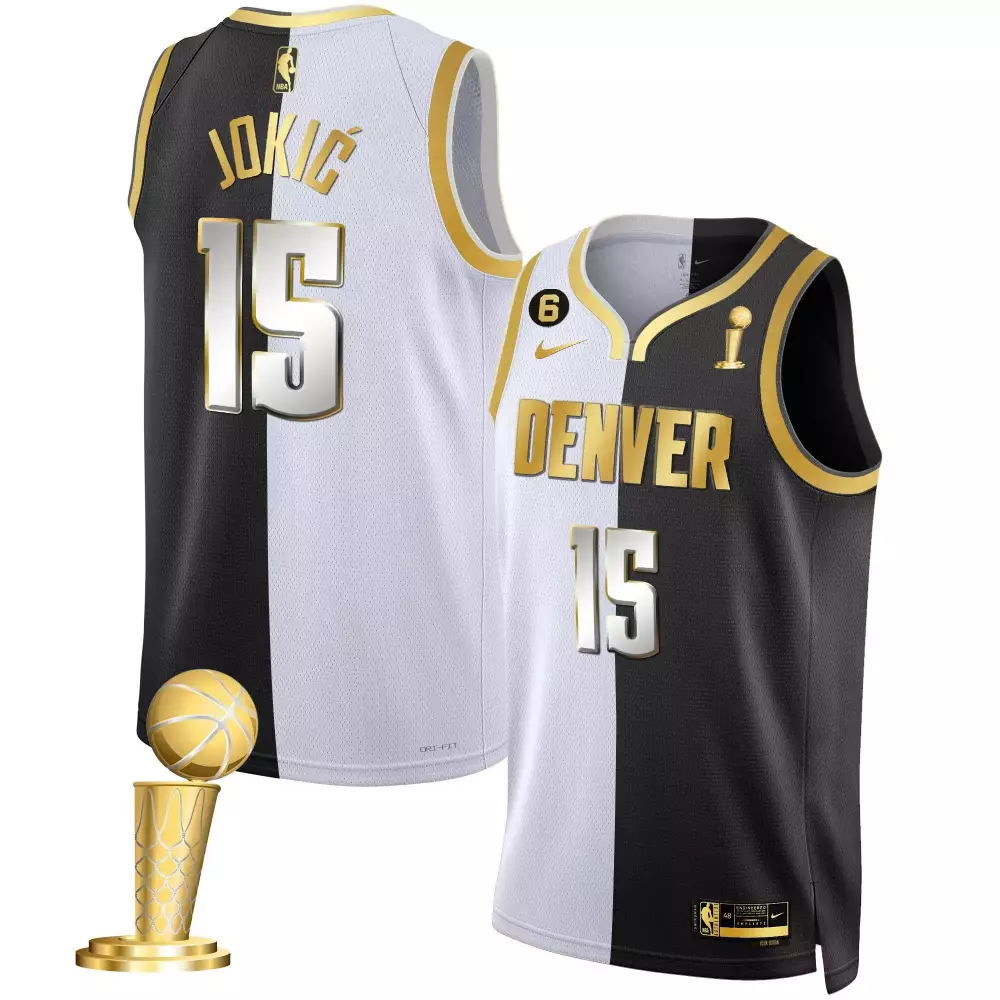 nikola jokic split limited mens denver nuggets 2023 champions black white gold jersey all stitched