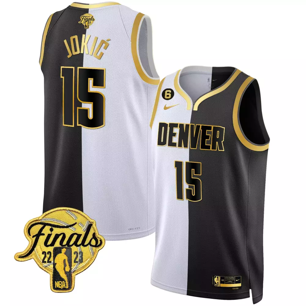nikola jokic split mens denver nuggets 2023 finals patch black white gold jersey all stitched