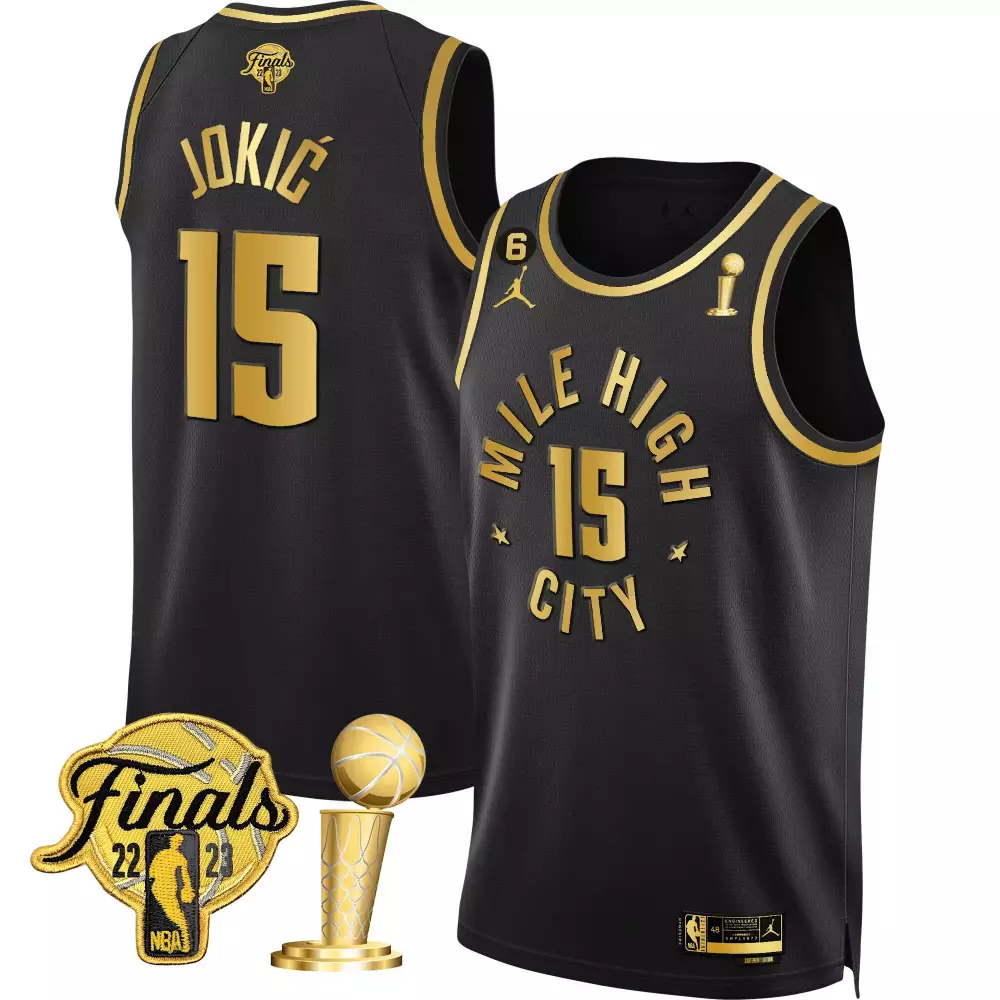 nikola jokic split mens denver nuggets 2023 finals patch black white gold jersey all stitched
