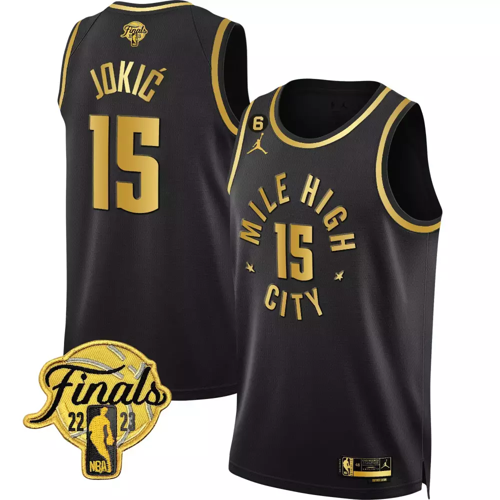nikola jokic split mens denver nuggets 2023 finals patch black white gold jersey all stitched