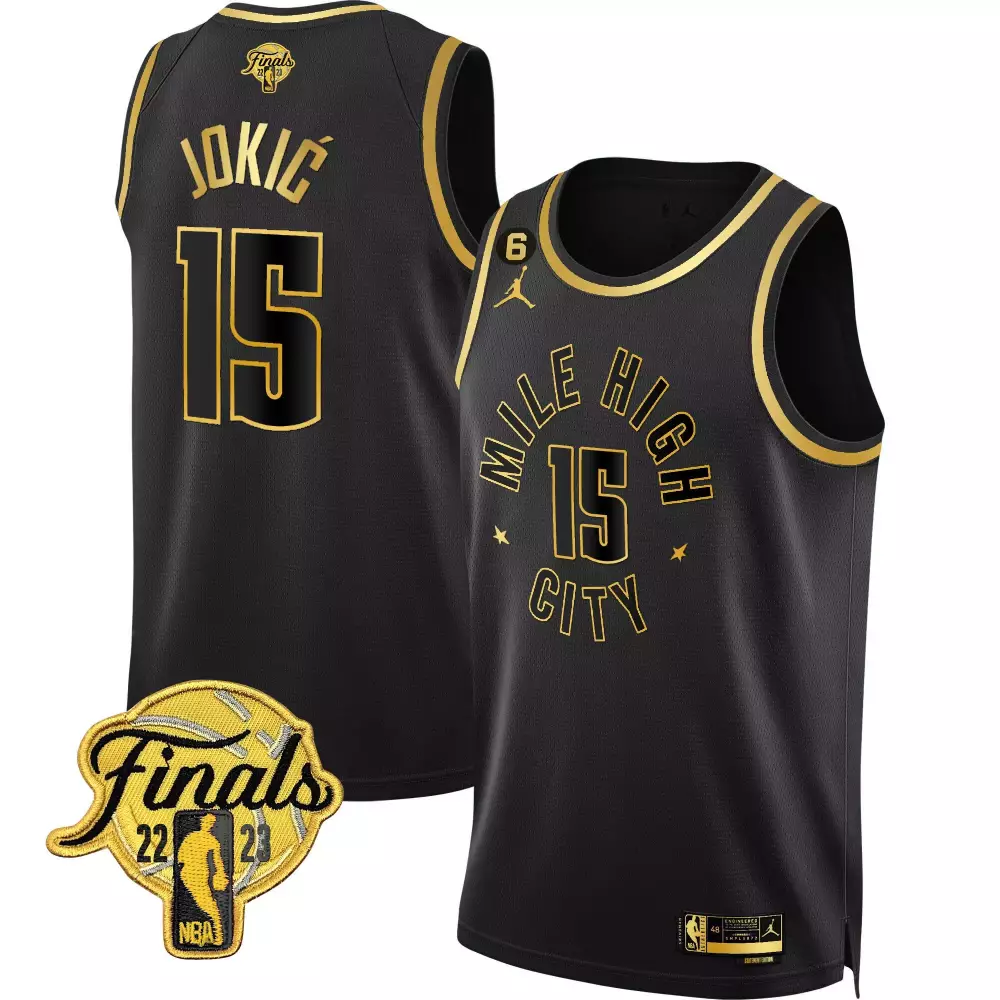 nikola jokic statement black mens denver nuggets 2023 finals patch gold jersey all stitched