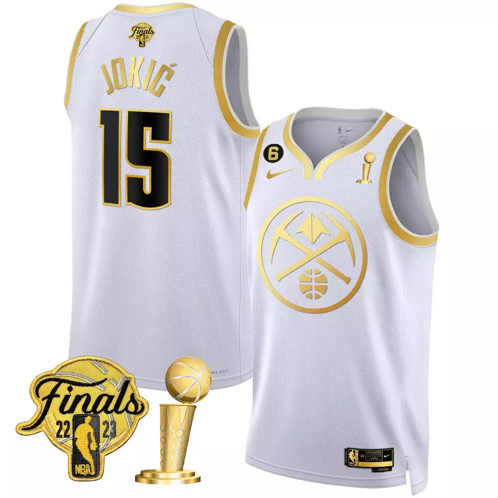 nikola jokic white gold mens denver nuggets 2023 finals champions patch gold special jersey all stitched
