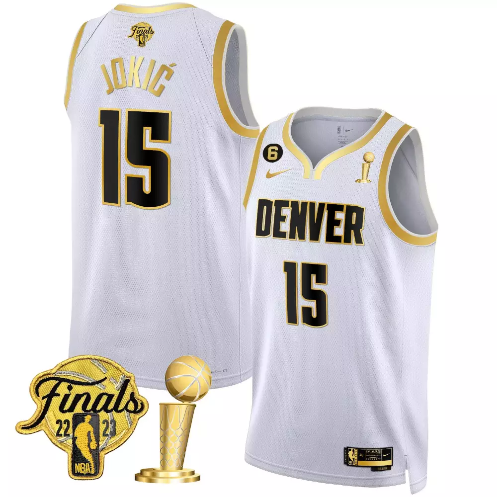 nikola jokic white gold youths denver nuggets 2023 finals champions patch cool base jersey all stitched