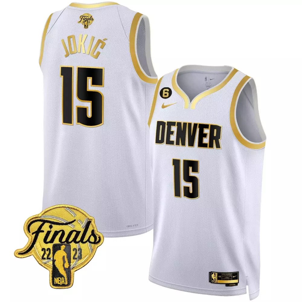 nikola jokic white gold youths denver nuggets 2023 finals champions patch cool base jersey all stitched
