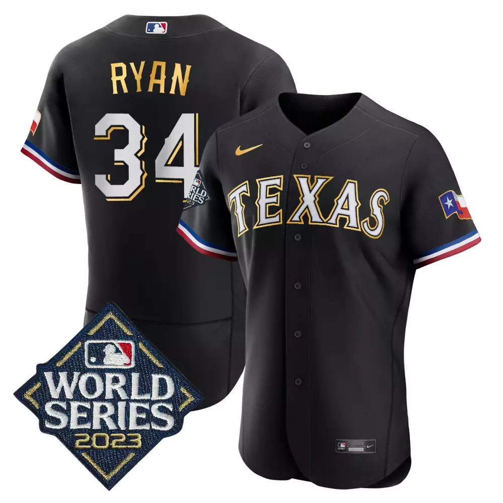 nolan ryan black mens texas rangers 2023 world series flex base gold trim jersey all stitched
