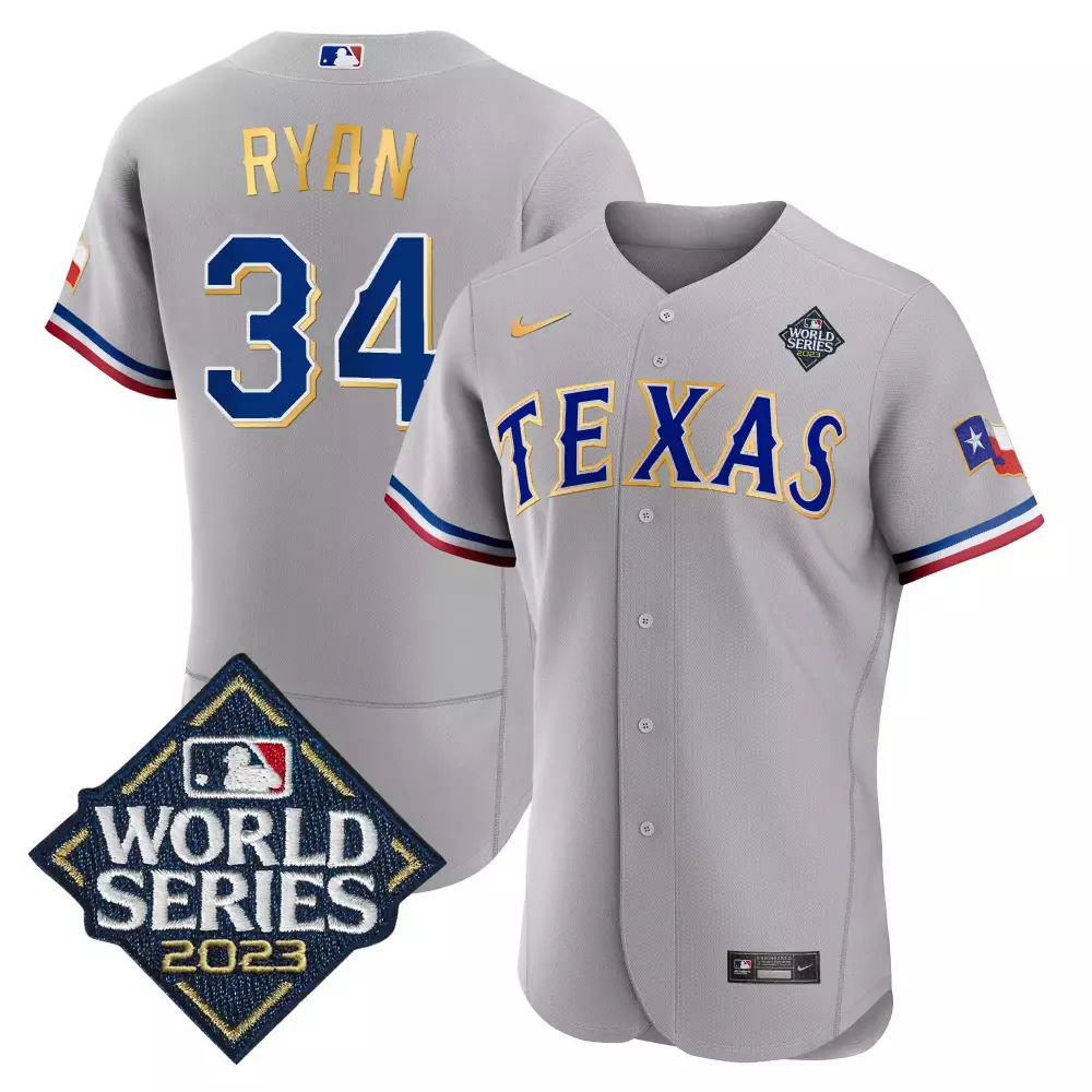 nolan ryan gray mens texas rangers 2023 world series flex base gold trim jersey v2 all stitched