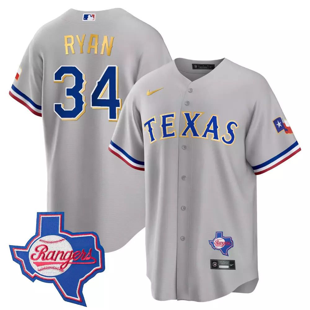 nolan ryan gray mens texas rangers 2023 world series flex base gold trim jersey v2 all stitched
