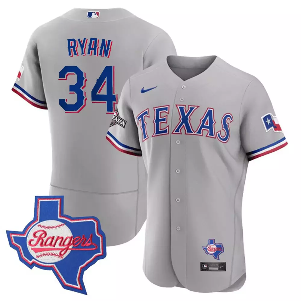 nolan ryan gray mens texas rangers 2023 world series flex base gold trim jersey v2 all stitched