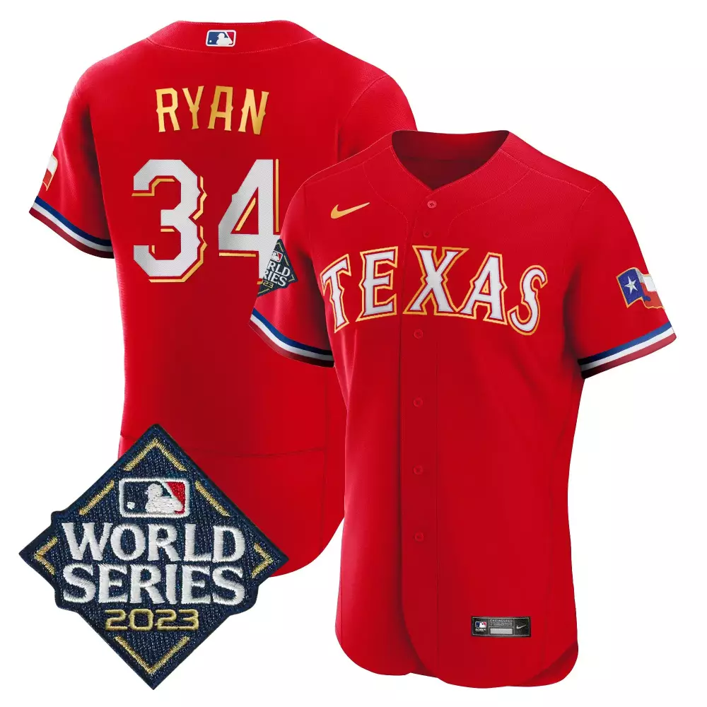 nolan ryan red mens texas rangers 2023 world series flex base gold trim jersey all stitched