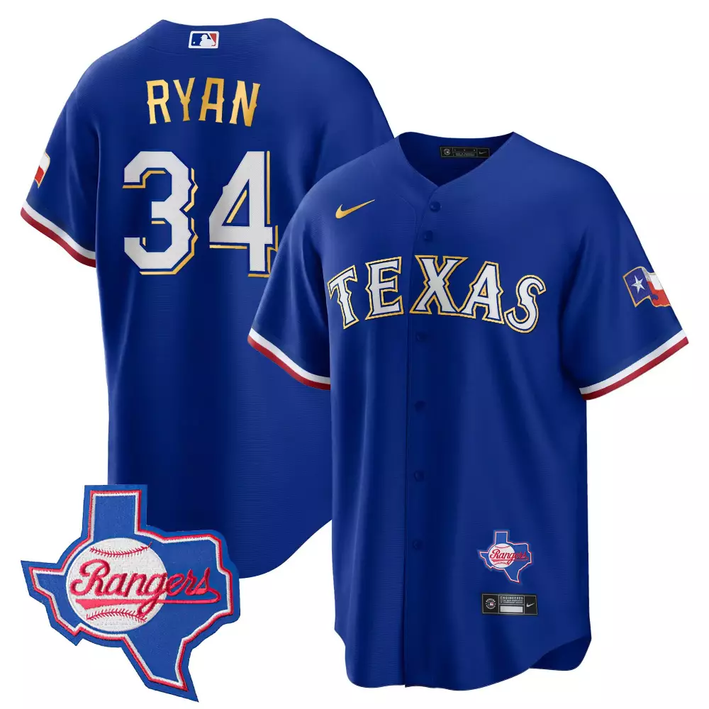 nolan ryan royal mens texas rangers 2023 world series flex base gold trim jersey v2 all stitched