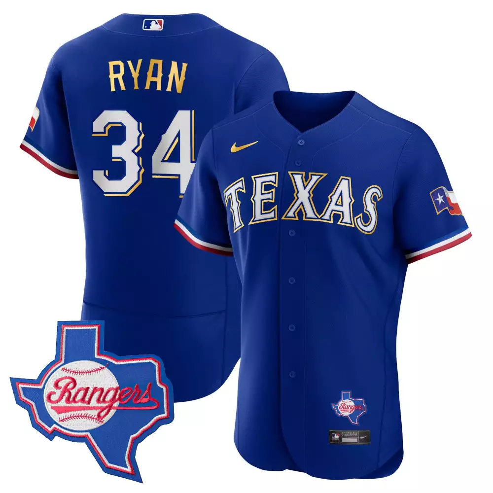nolan ryan royal mens texas rangers 2023 world series flex base gold trim jersey v2 all stitched