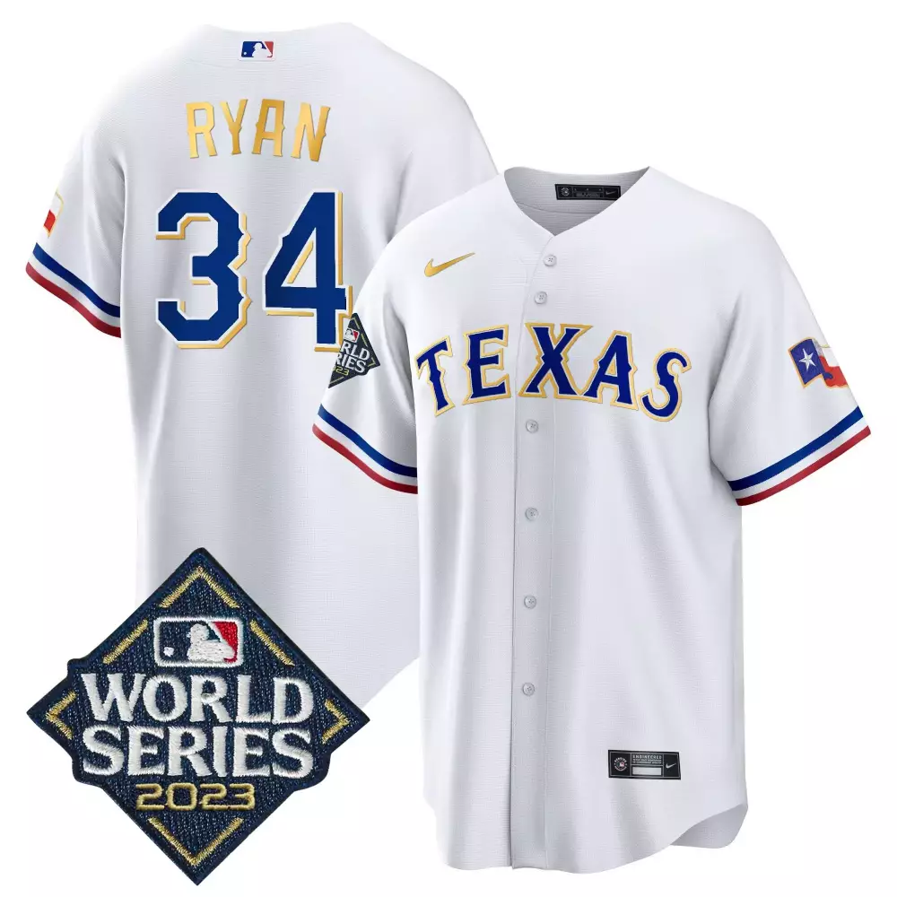 nolan ryan royal mens texas rangers 2023 world series flex base gold trim jersey v2 all stitched