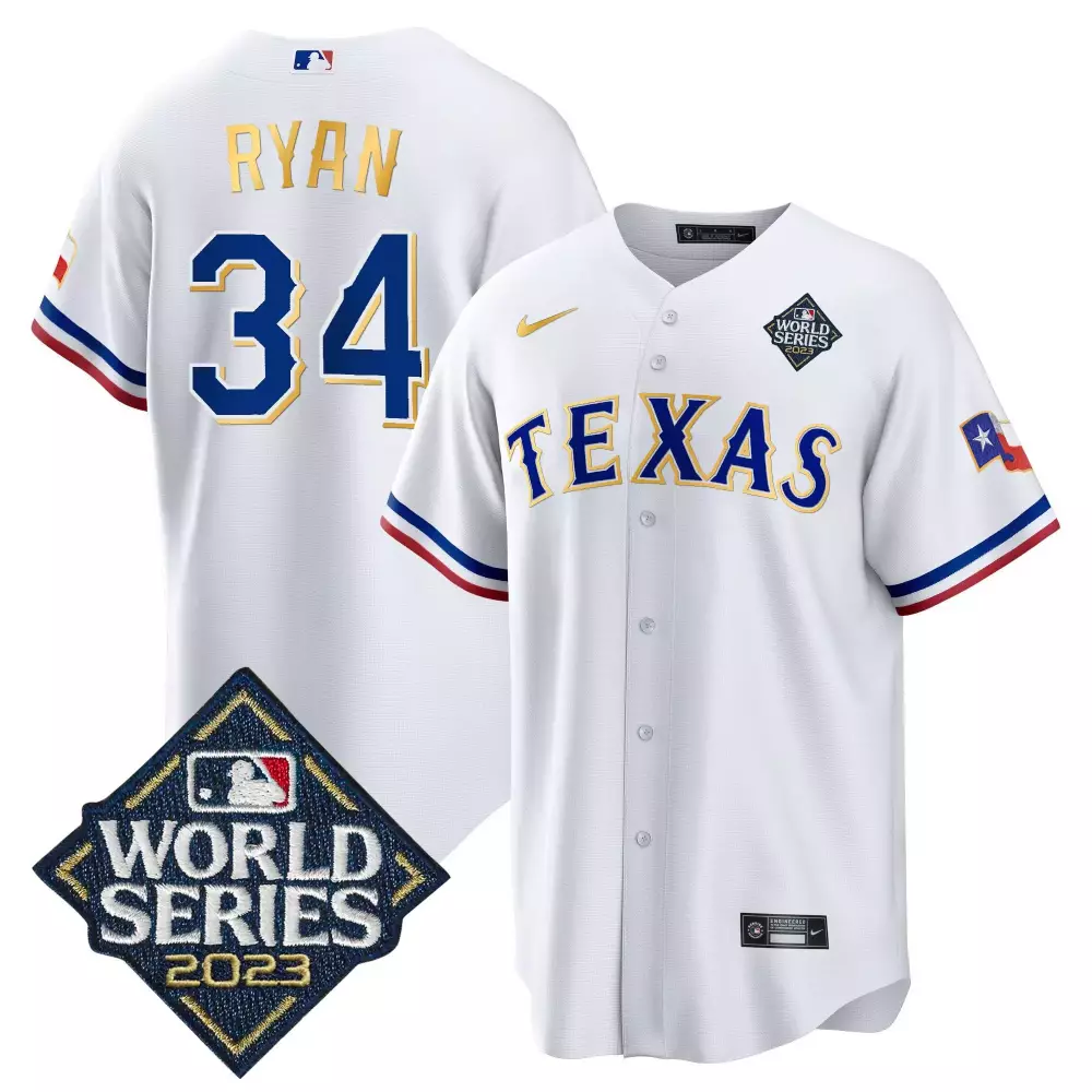 nolan ryan royal mens texas rangers 2023 world series flex base gold trim jersey v2 all stitched