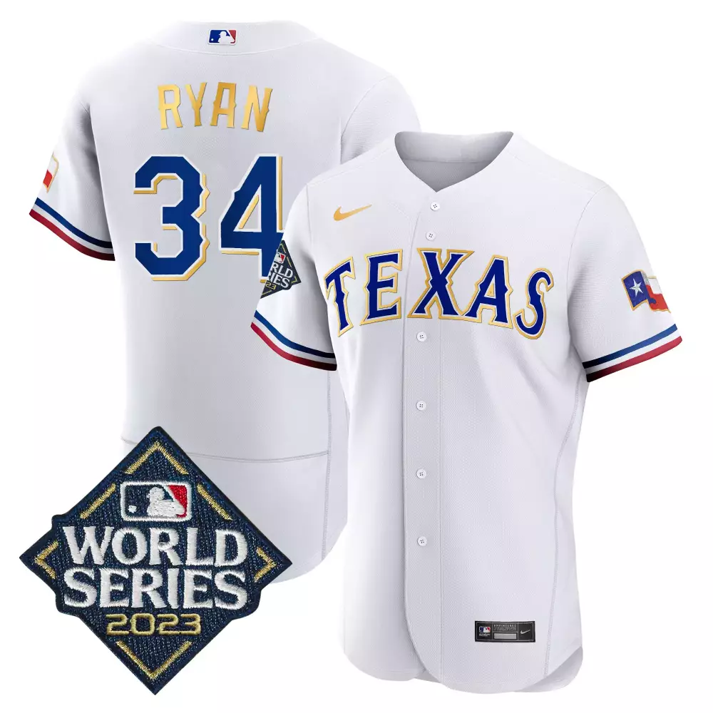 nolan ryan white mens texas rangers 2023 world series flex base gold trim jersey all stitched