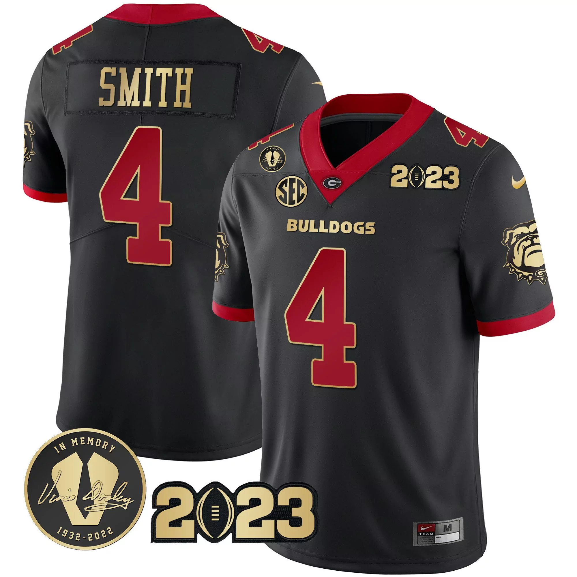nolan smith black gold trim mens georgia bulldogs 2023 champions white red gold jersey all stitched