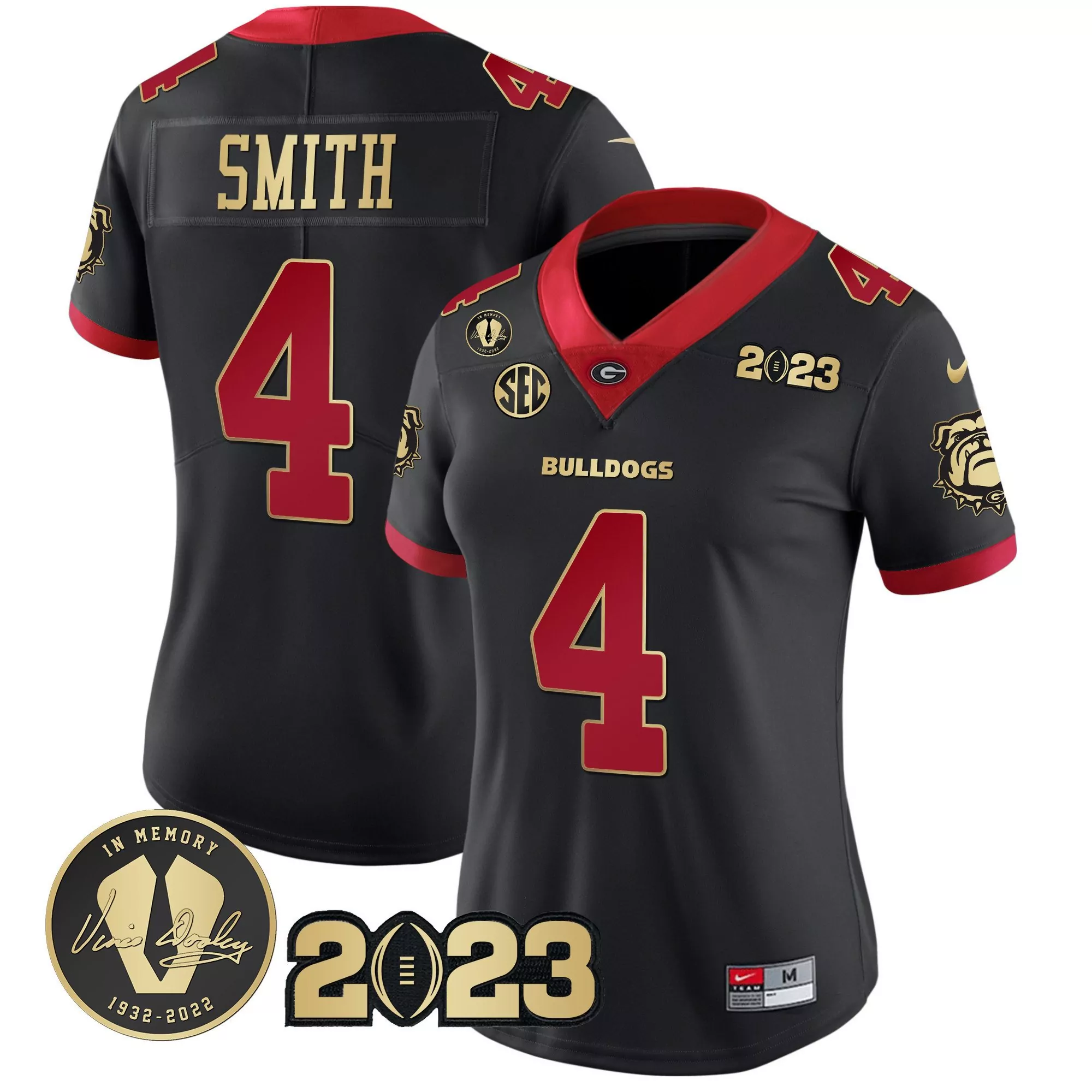 nolan smith black gold trim mens georgia bulldogs 2023 champions white red gold jersey all stitched
