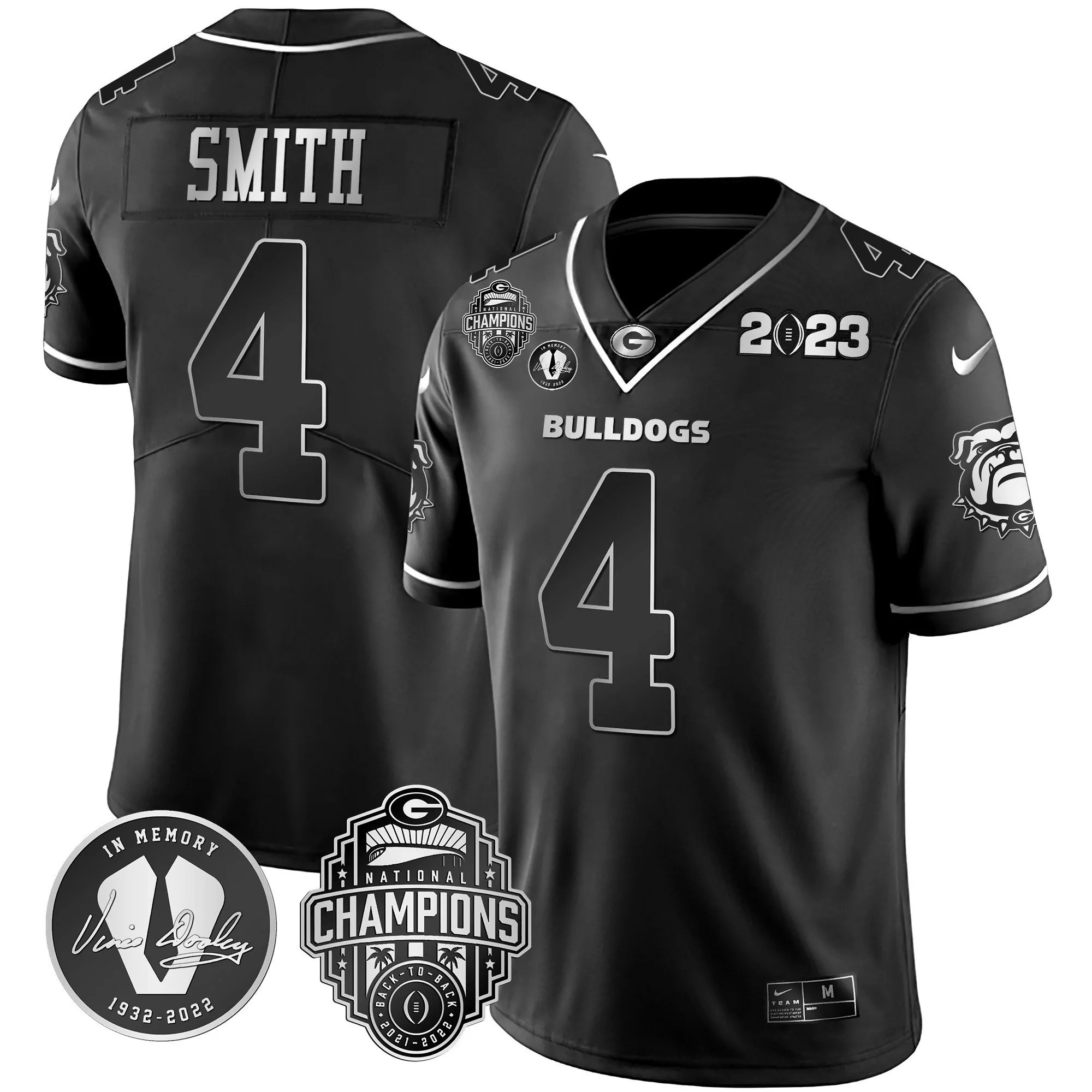 nolan smith black silver mens georgia bulldogs 2023 champions vince dooley patch gold jersey all stitched