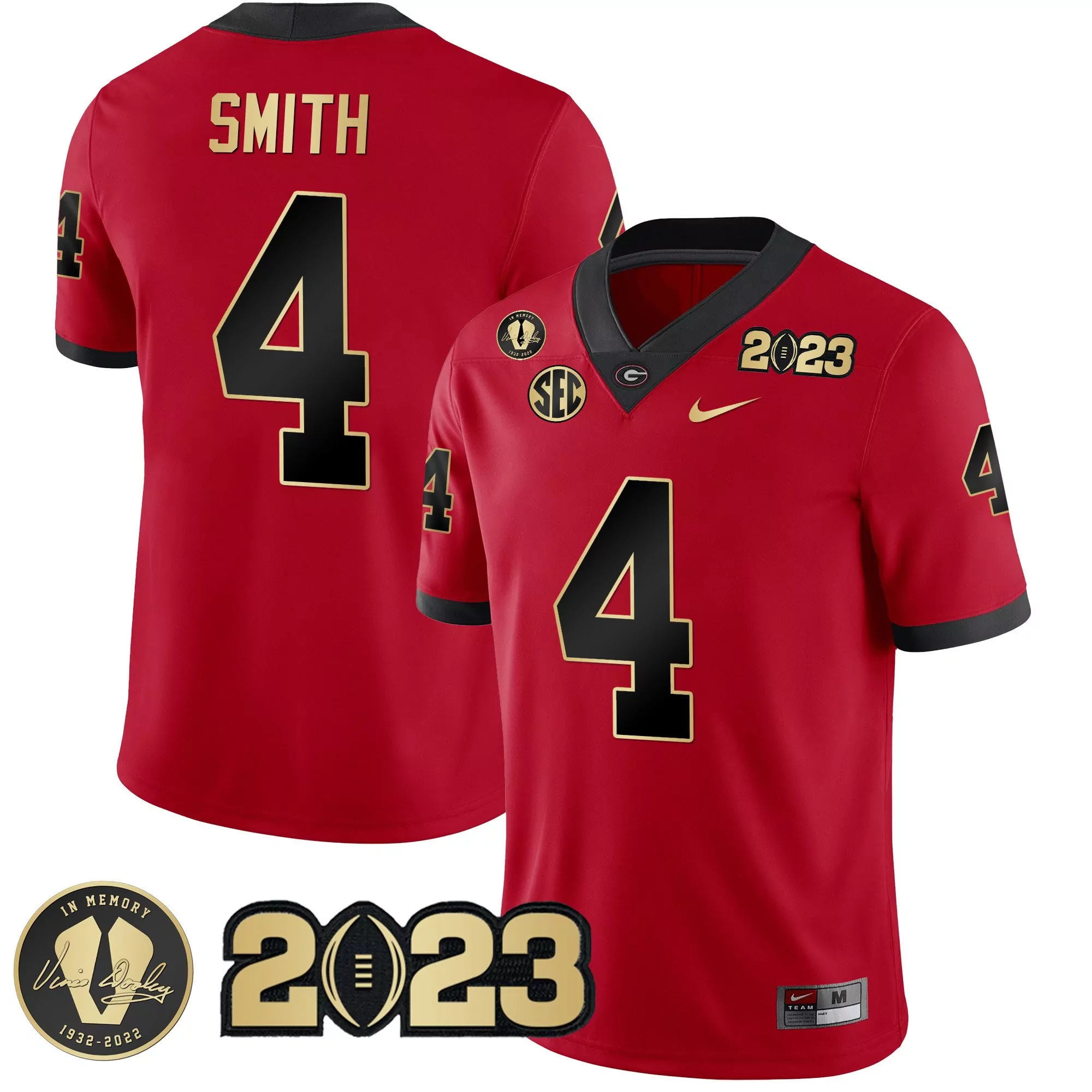 nolan smith red gold trim mens georgia bulldogs 2023 champions v2 jersey all stitched