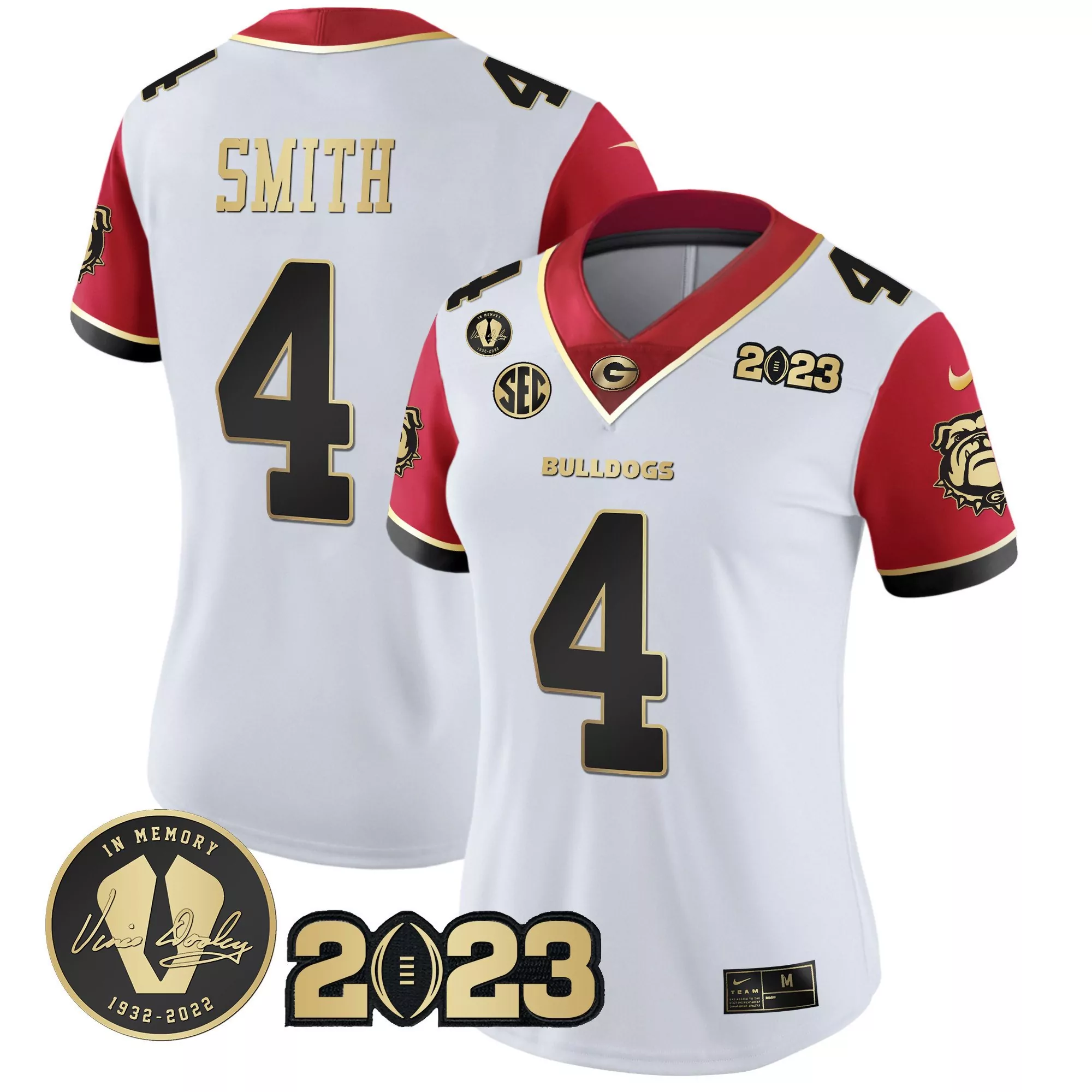nolan smith red sleeves womens georgia bulldogs 2023 champions gold jersey all stitched