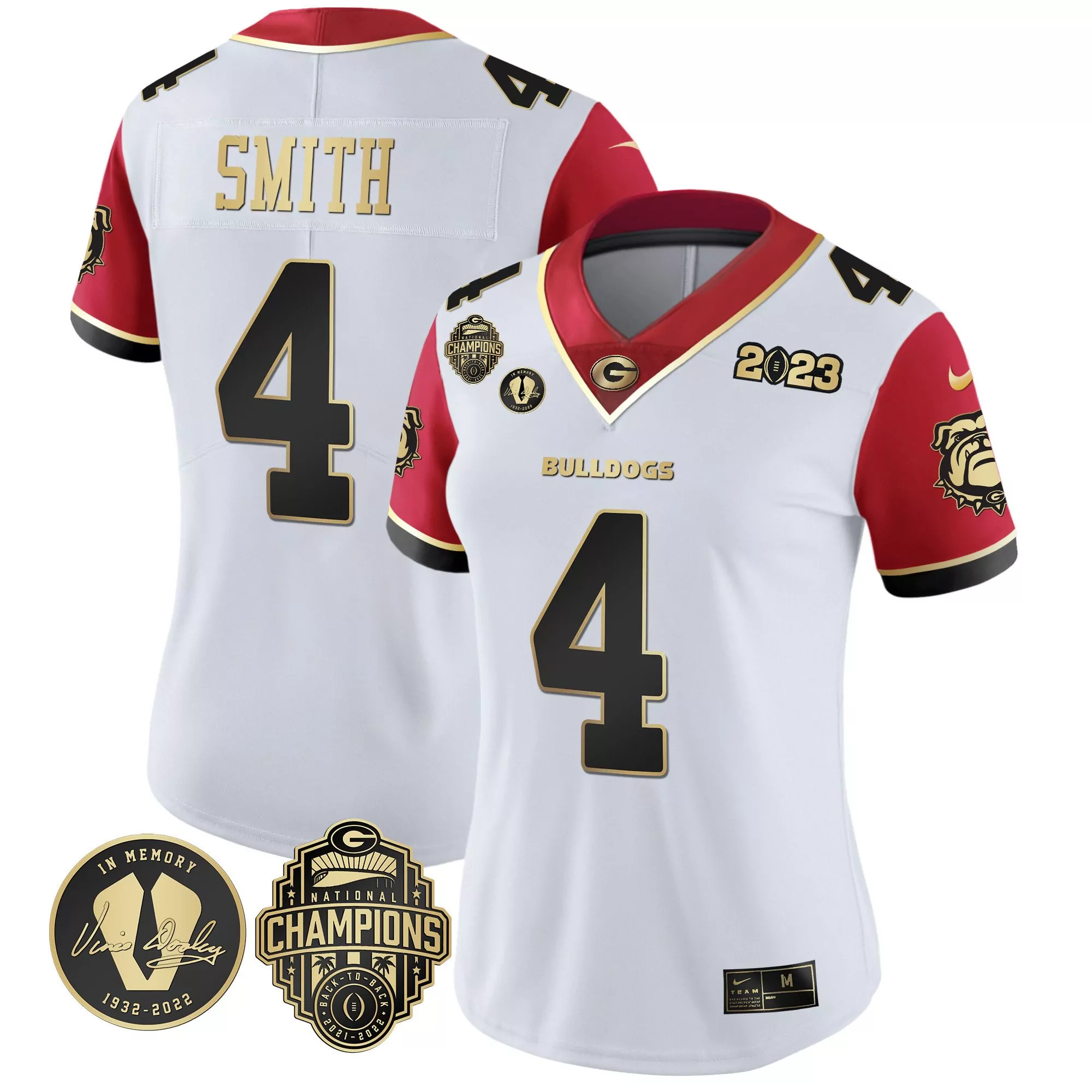 nolan smith red sleeves womens georgia bulldogs 2023 champions gold jersey all stitched