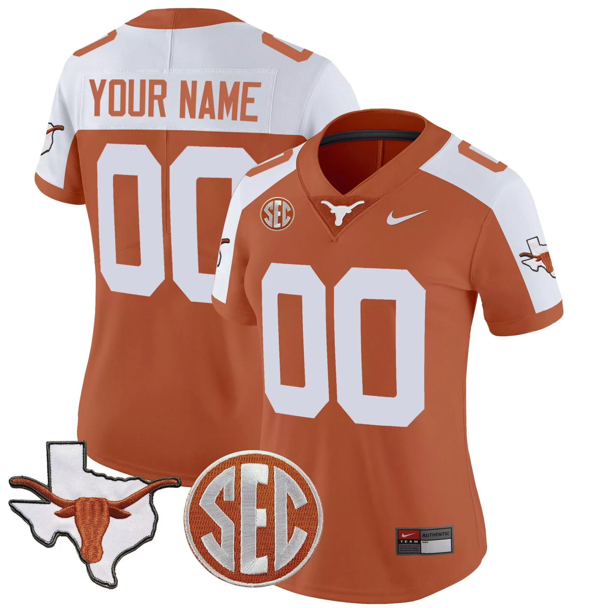 orange alternate women texas longhorns state map sec patch vapor custom jersey all stitched