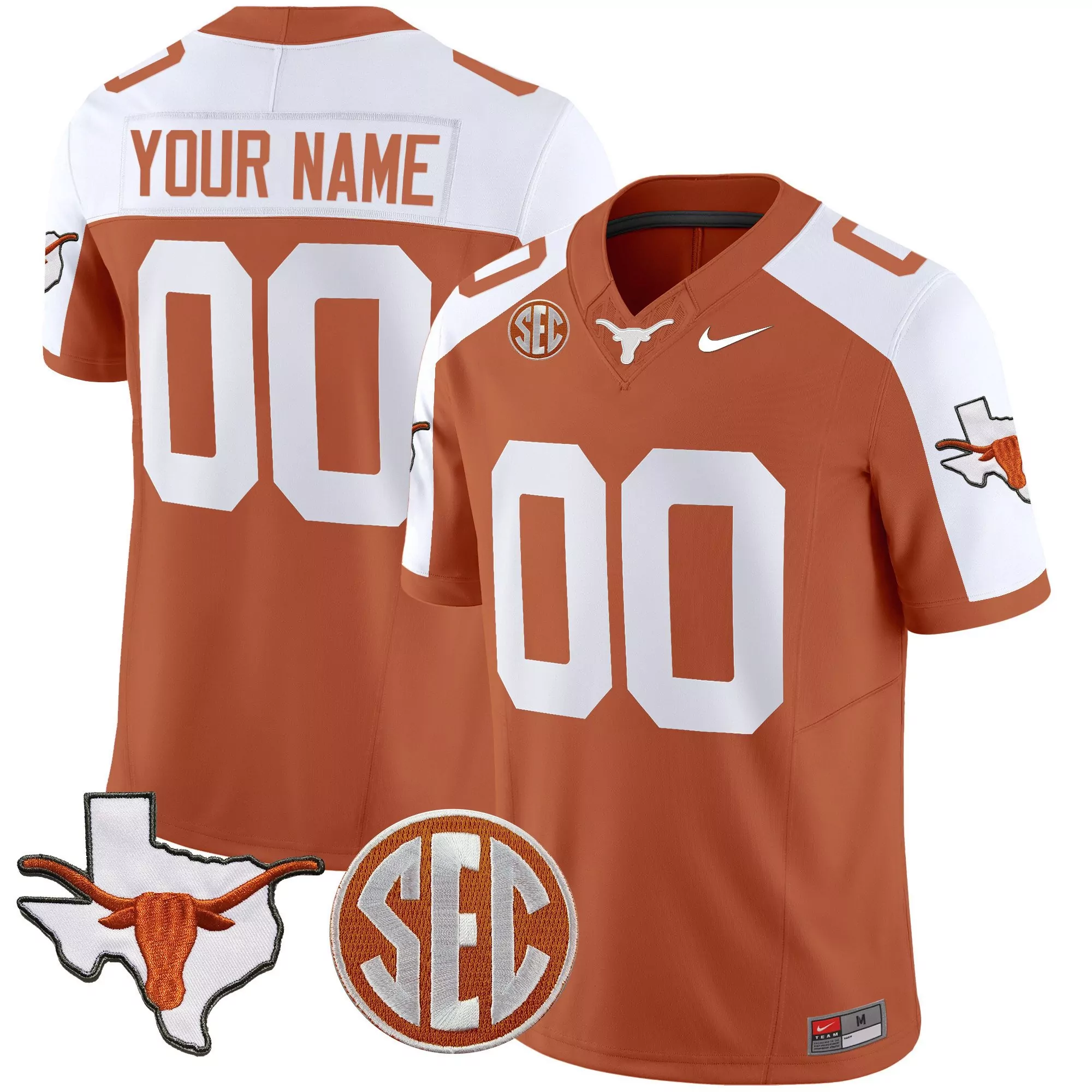 orange alternate youth texas longhorns state map sec patch vapor custom jersey all stitched