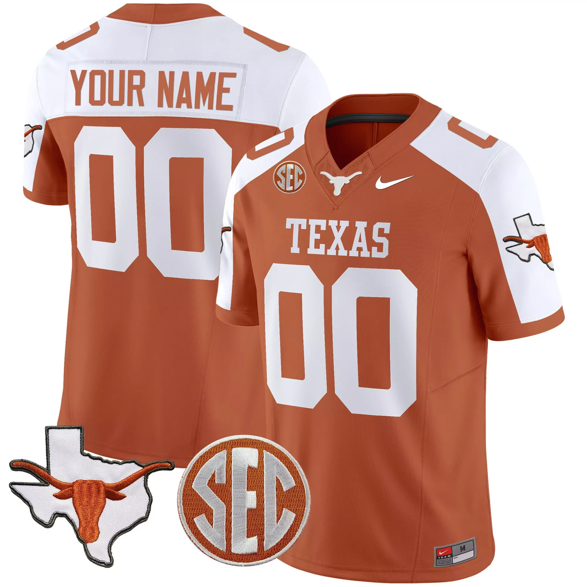 orange alternate youth texas longhorns state map sec patch vapor custom jersey all stitched
