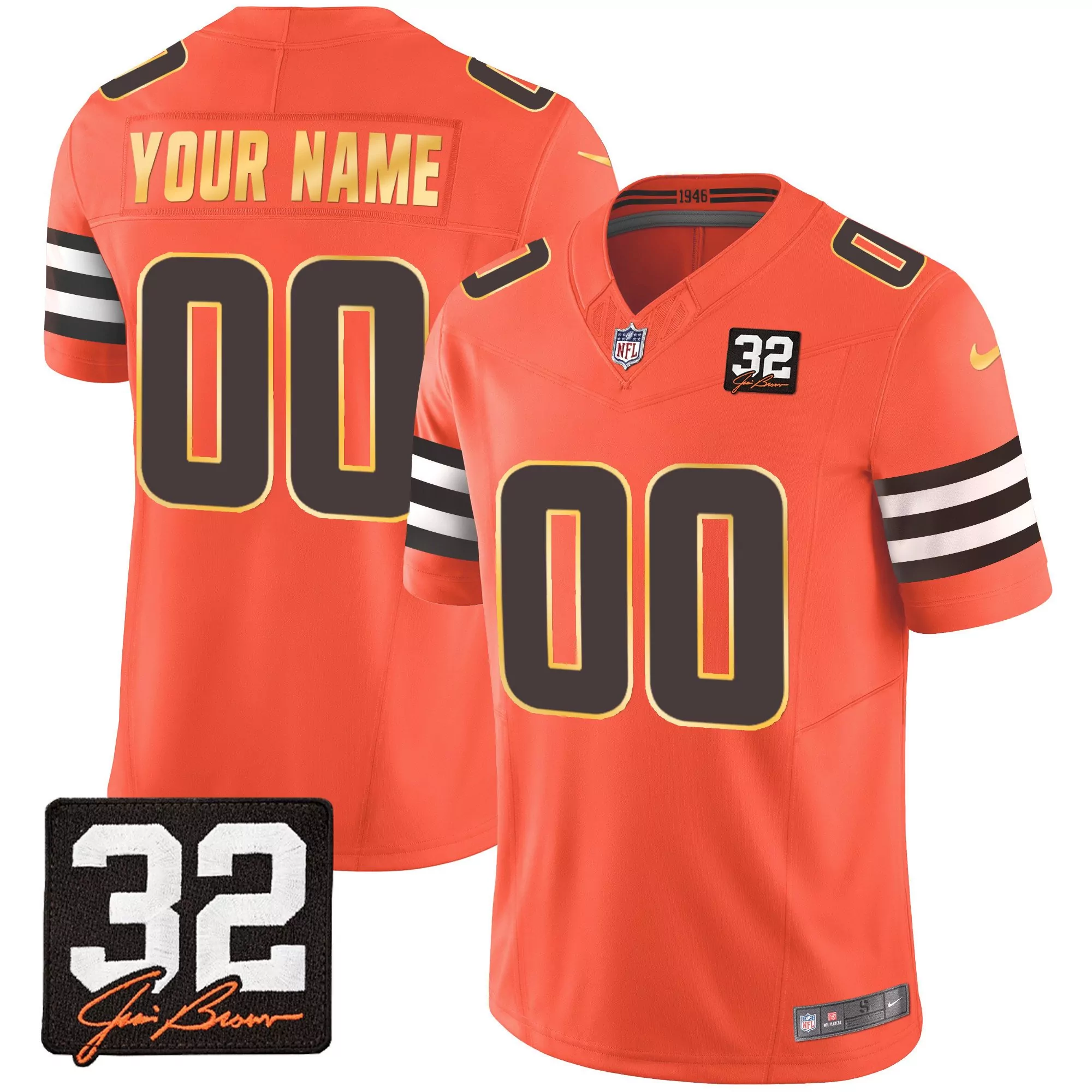 orange men cleveland browns 32 jim brown memorial patch gold trim custom jersey all stitched