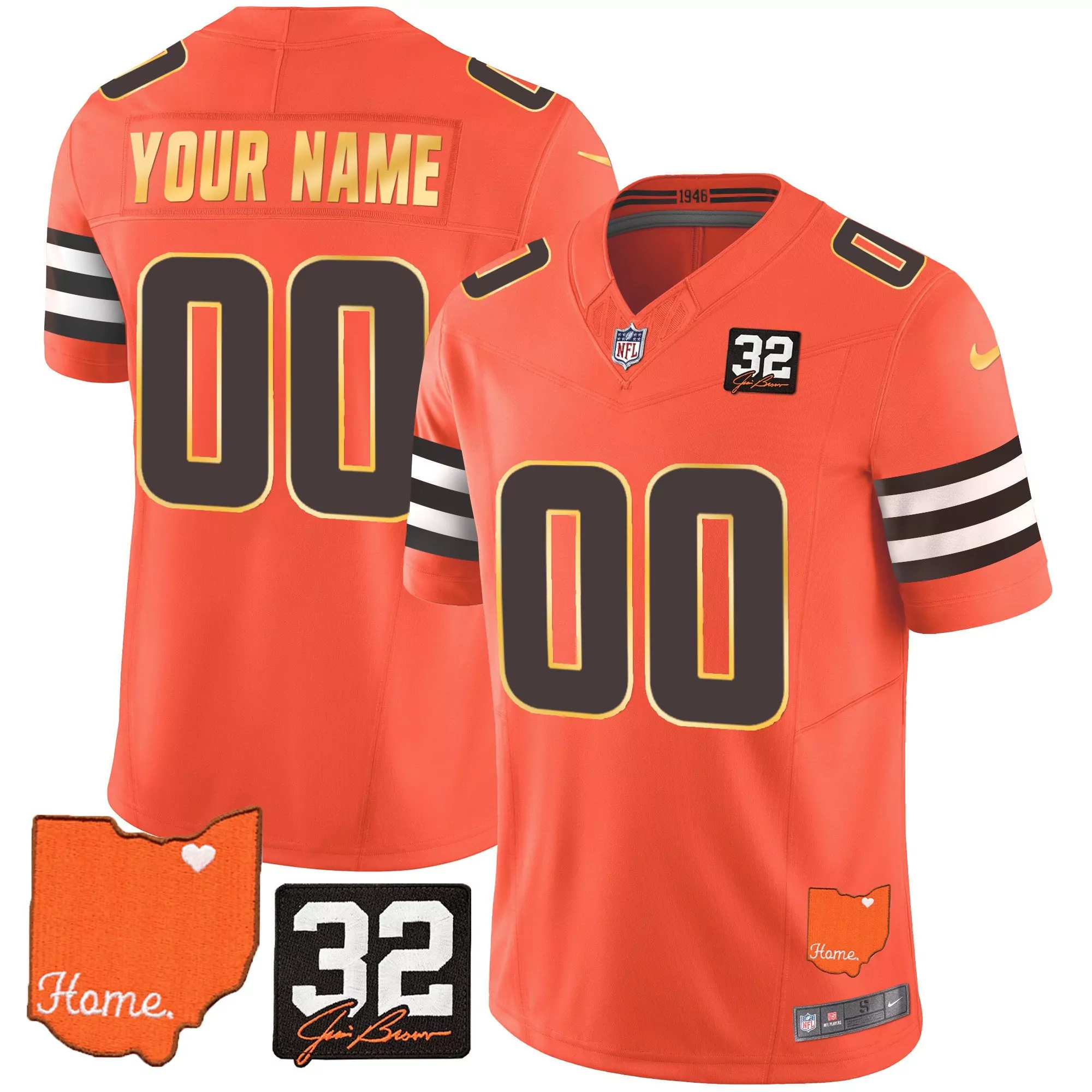 orange men cleveland browns 32 jim brown memorial patch gold trim custom jersey all stitched