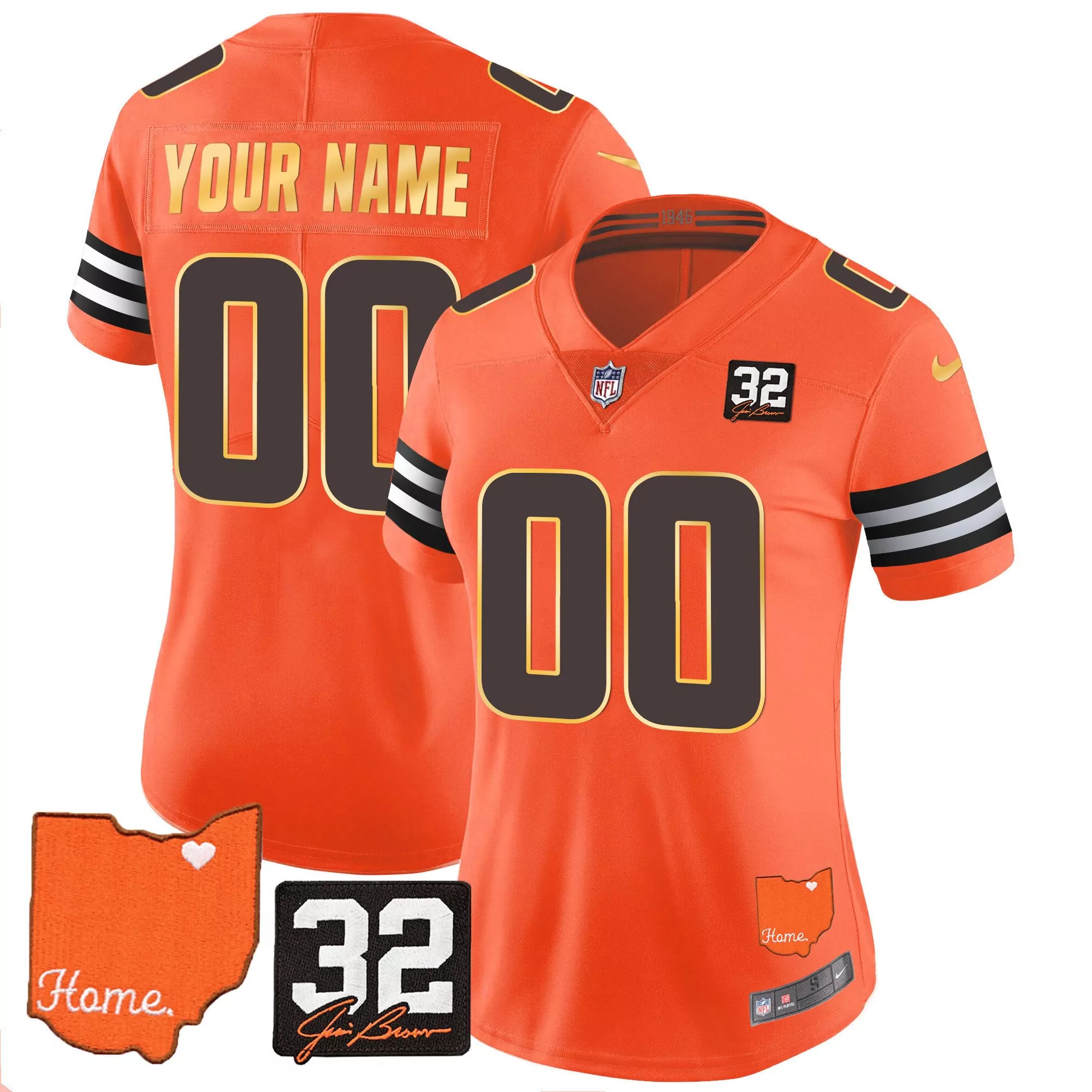 orange women mens cleveland browns 32 jim brown memorial home patch gold trim custom jersey all stitched