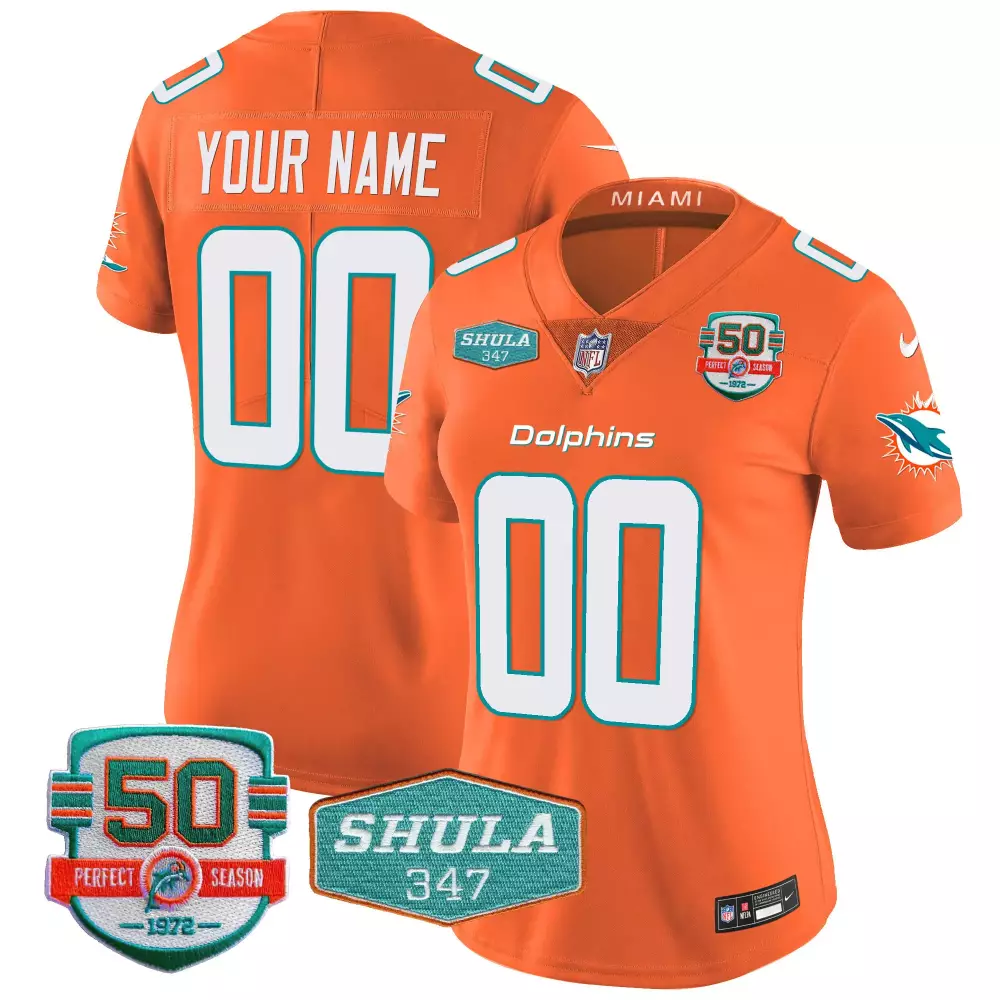 Miami Dolphins Shula 347 Patch Custom Jersey | Orange Vapor Stitched | Limited Edition Fan Gear | For Women