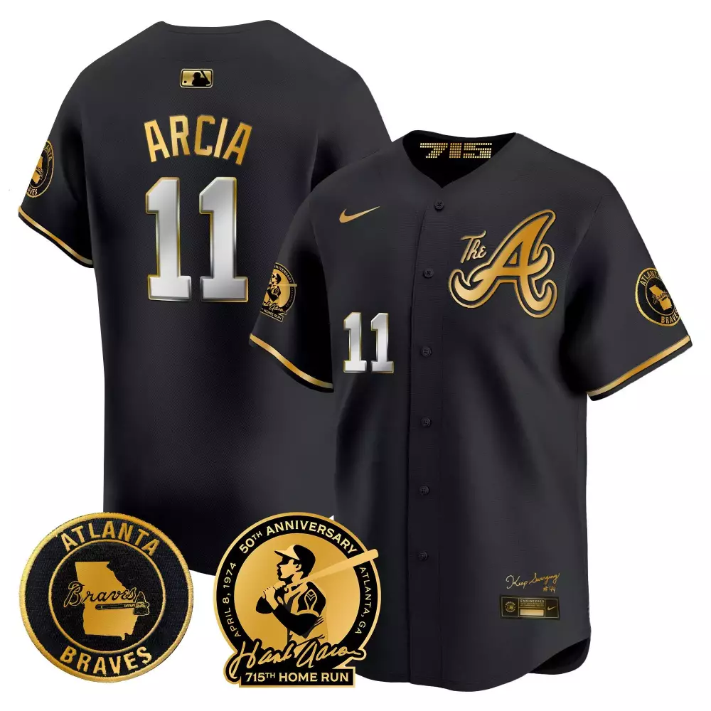 Orlando Arcia Black Gold Men's Braves Jersey | 715th Home Run Patch Vapor Premier Limited Edition | For Men, Women & Youth