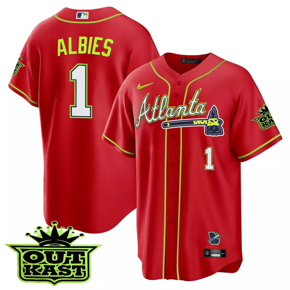 ozzie albies red mens atlanta braves outkast cool base jersey v3 all stitched